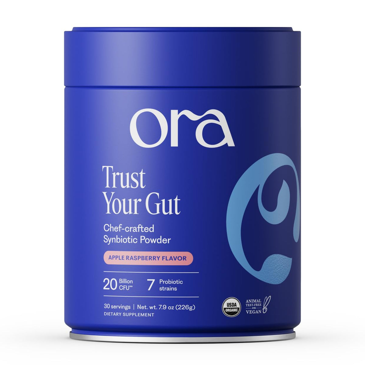 Ora Organic envase frontal mostrando el diseño y sabor manzana frambuesa para fácil identificación