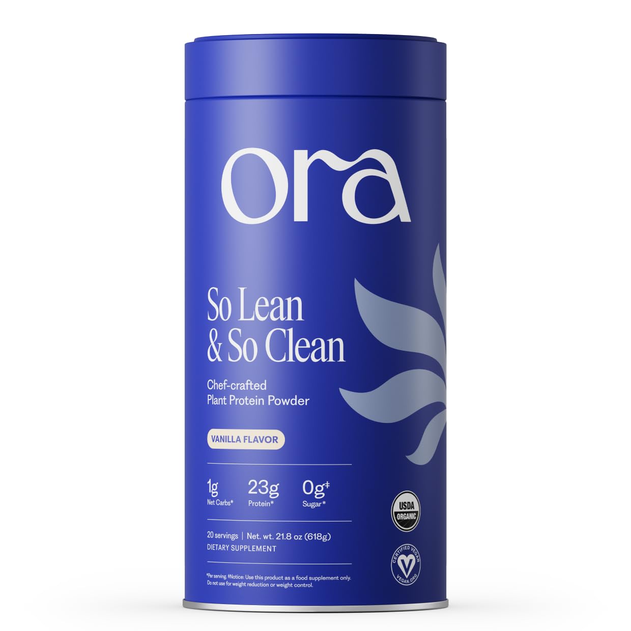 Ora Organic envase frontal sabor vainilla mostrando beneficios y raciones