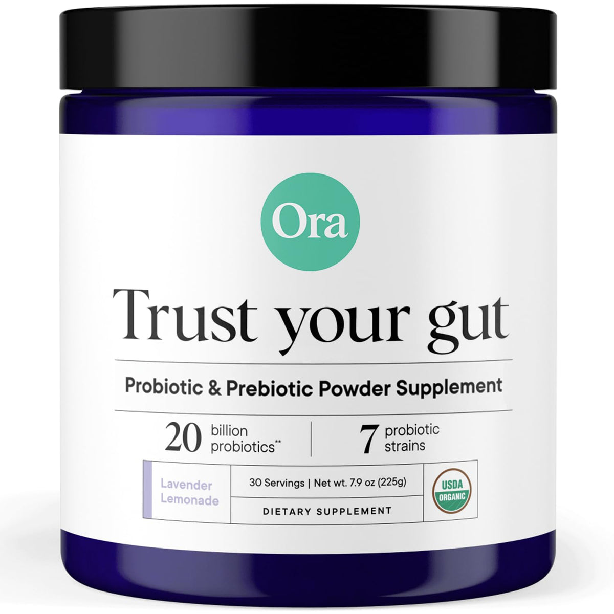 Ora Organic envase frontal mostrando diseño y beneficio de sinbiotic vegano