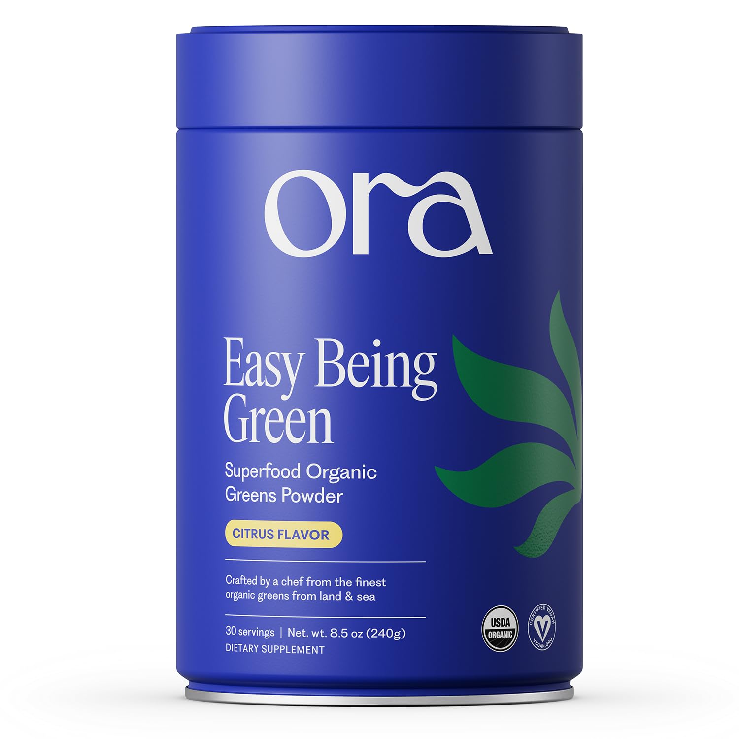Ora Organic envase frontal mostrando sabor cítrico y 30 porciones, útil para planificar consumo