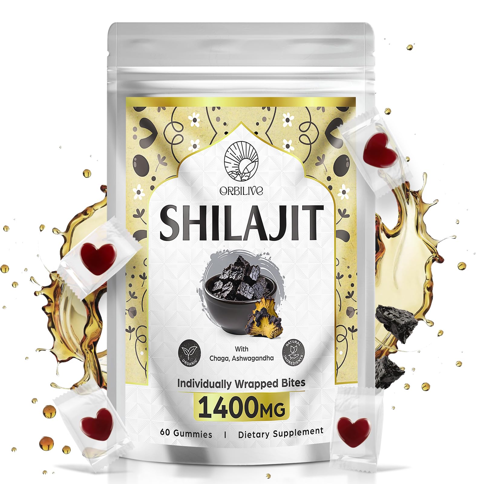 ORBILIVE frasco frontal con gomitas Shilajit, muestra conveniencia diaria