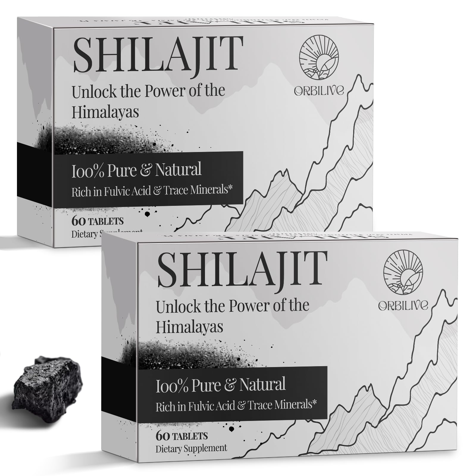 ORBILIVE frasco frontal de Shilajit 120 comprimidos, presentación clara y segura