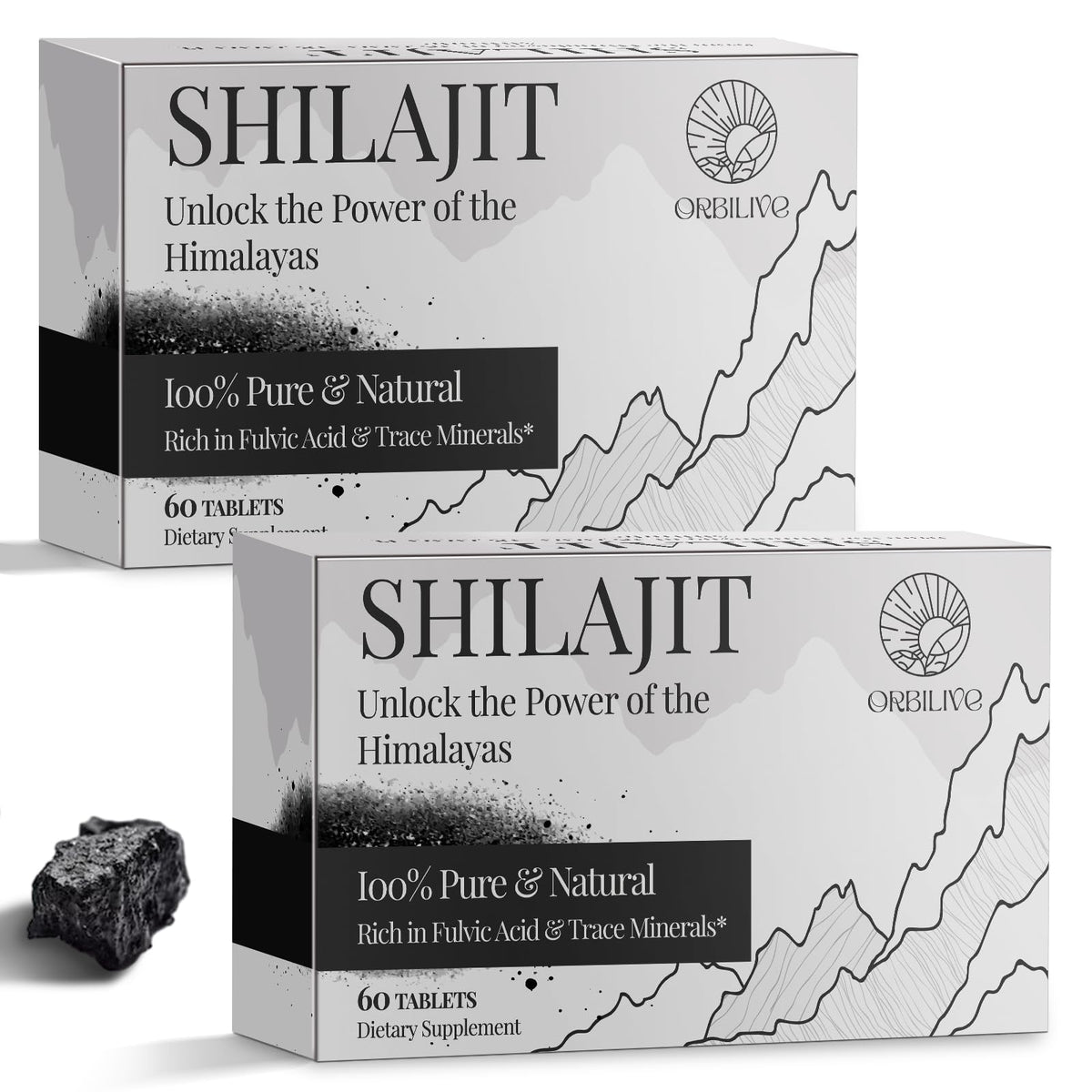 ORBILIVE frasco frontal de Shilajit 120 comprimidos, presentación clara y segura
