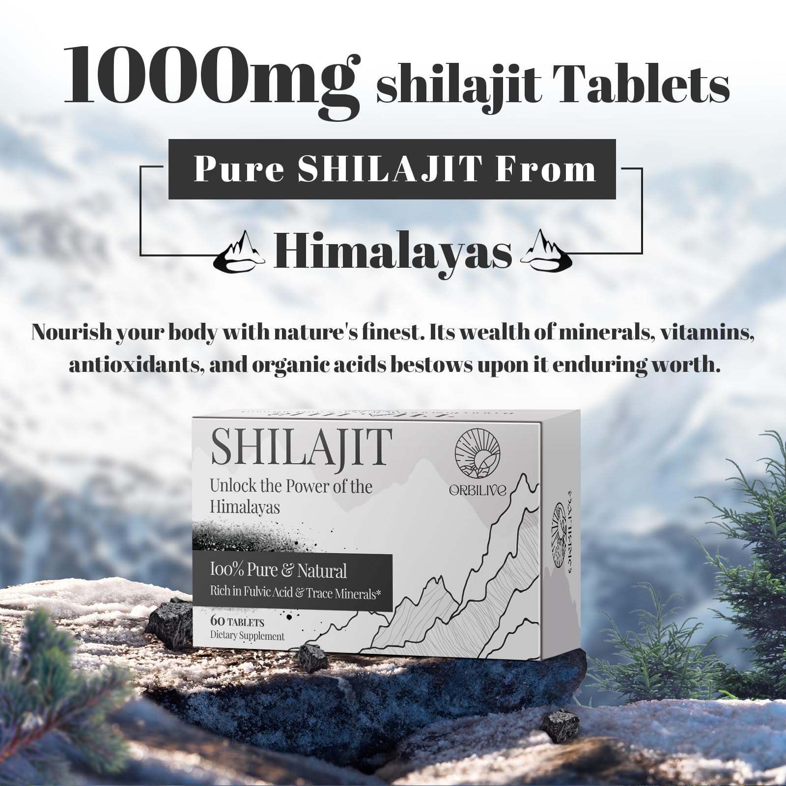 ORBILIVE comprimidos sobre fondo natural, imagen que sugiere origen himalayo