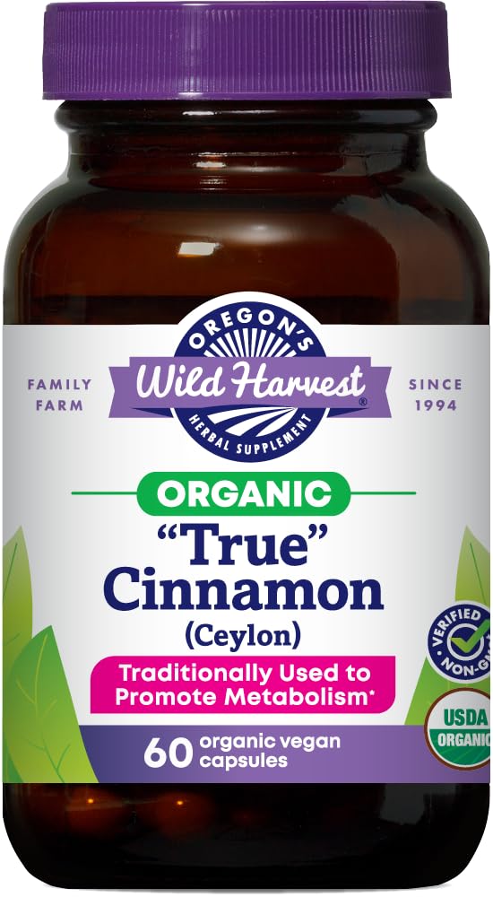 Oregon's Wild Harvest frasco frontal de canela Ceylán orgánica mostrando diseño y cantidad