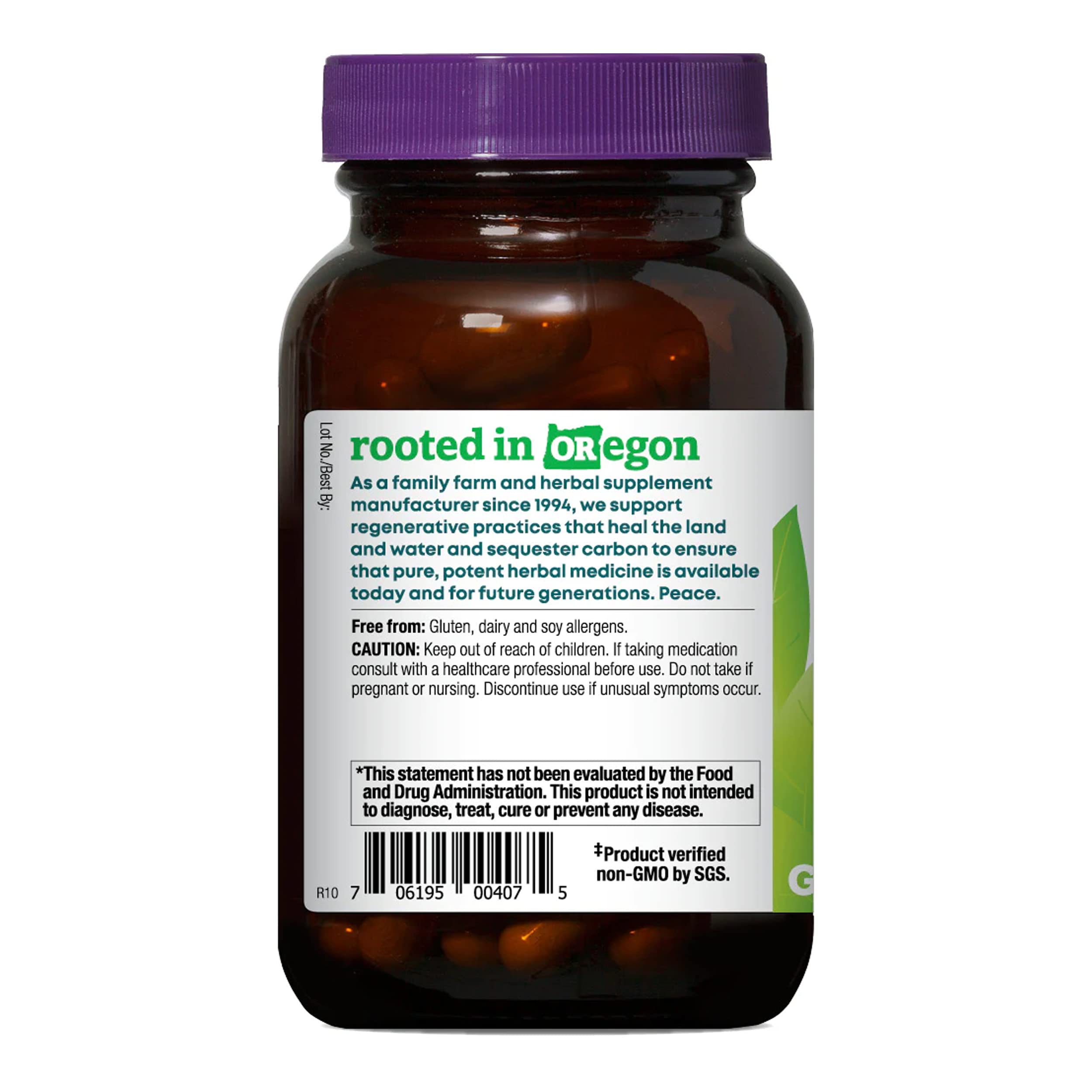 Oregon's Wild Harvest etiqueta trasera con información de ingredientes y dosificación