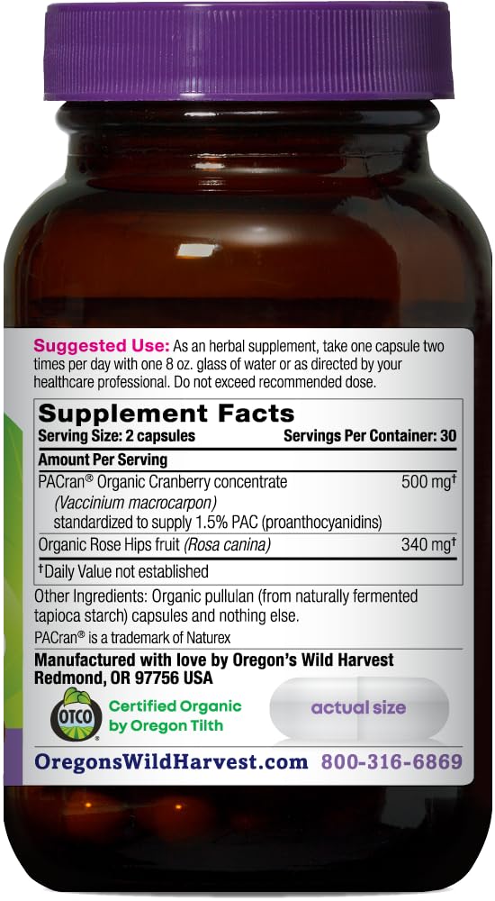 Oregon's Wild Harvest detalle de etiqueta con PACran y certificaciones visibles