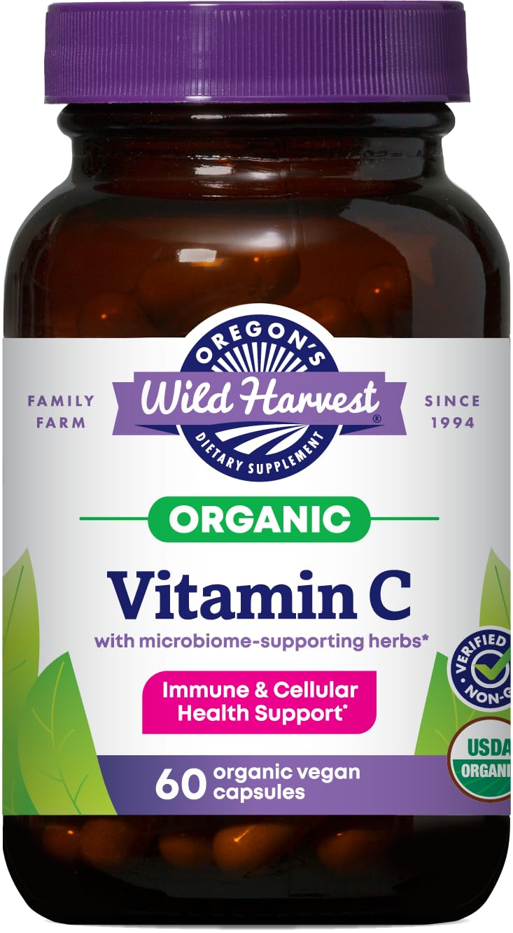 Oregon's Wild Harvest frasco frontal mostrando cápsulas veganas y certificación