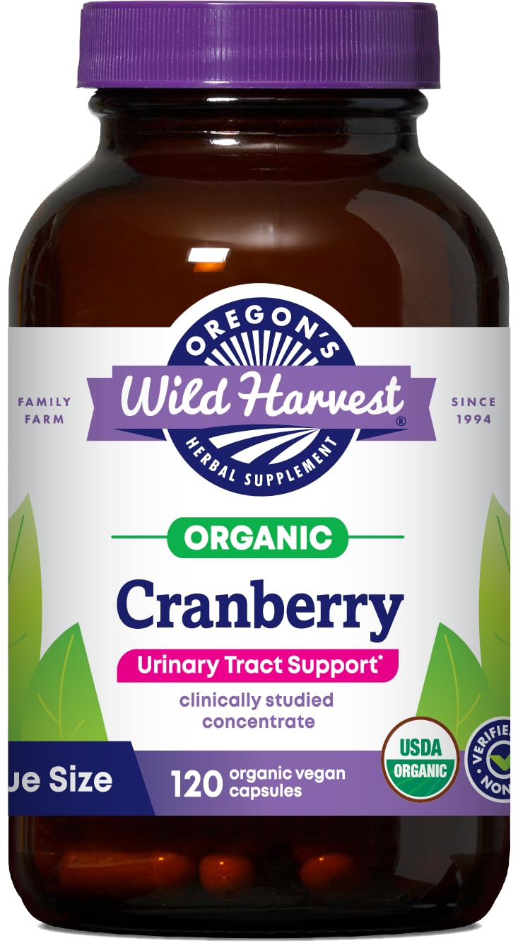 Oregon's Wild Harvest frasco frontal mostrando cápsulas y beneficios orgánicos