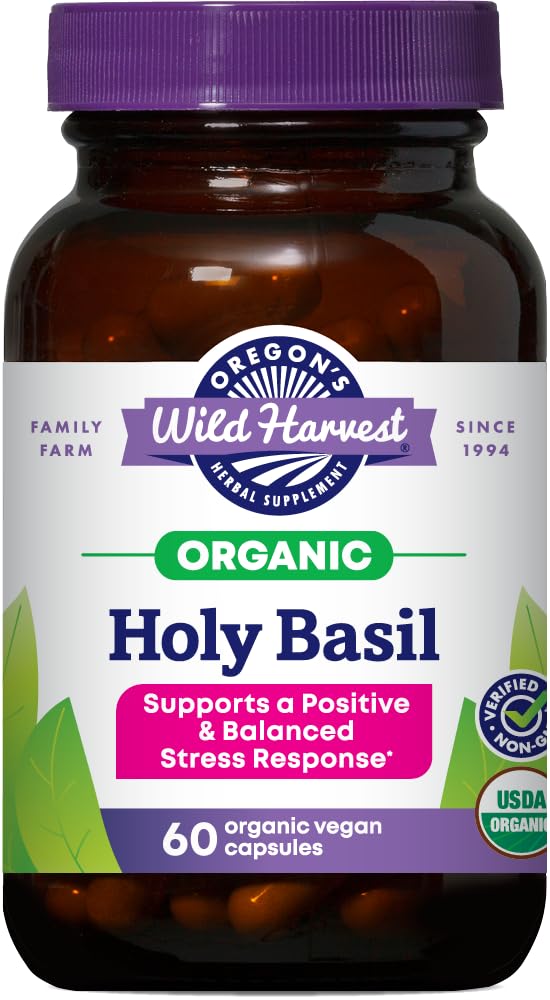 Oregon's Wild Harvest frasco frontal mostrando tulsi orgánico y formato de 60 cápsulas, confianza clara