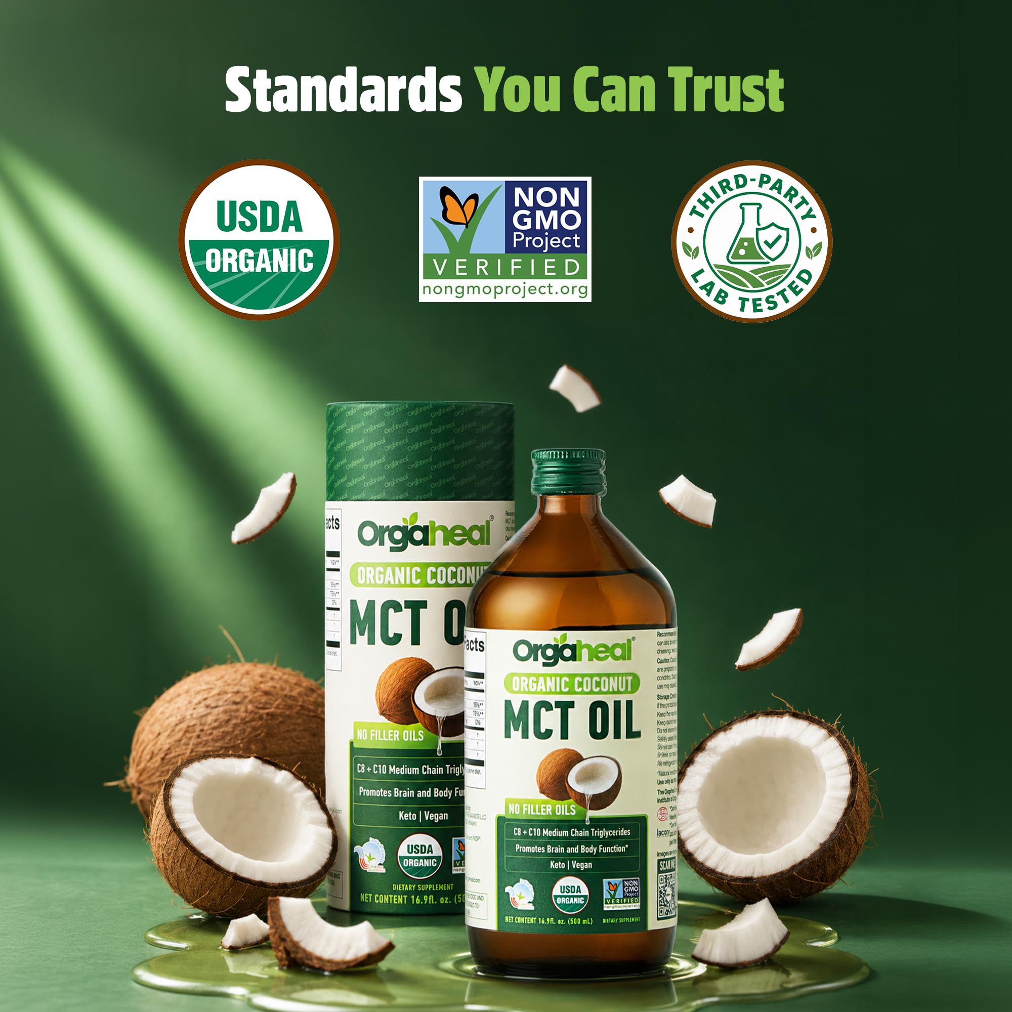 Orgaheal cocos frescos que resaltan origen 100% orgánico