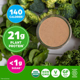 Orgain batido en mesa de desayuno que aporta proteína y verduras fácilmente