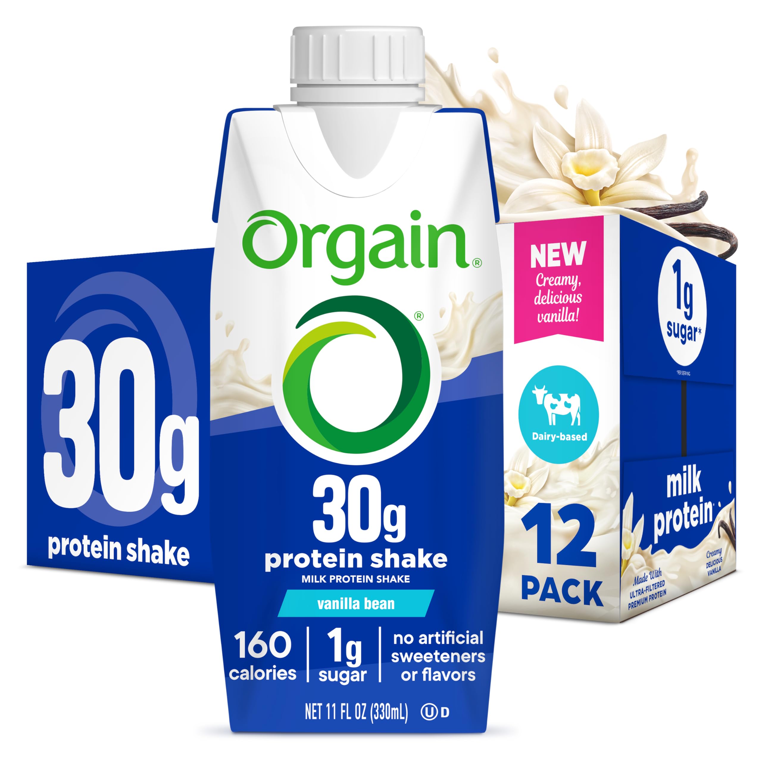 Orgain batido frontal Vainilla mostrando envase y conveniencia