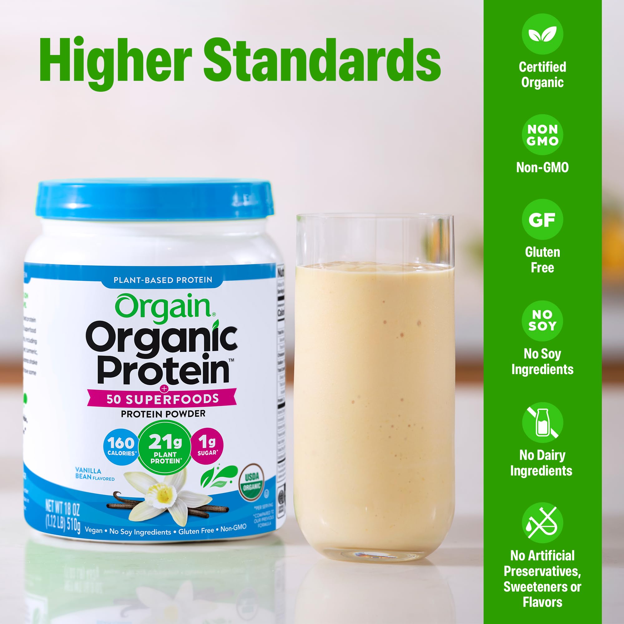 Orgain batido servido en vaso, sabor vainilla y mezcla fácil