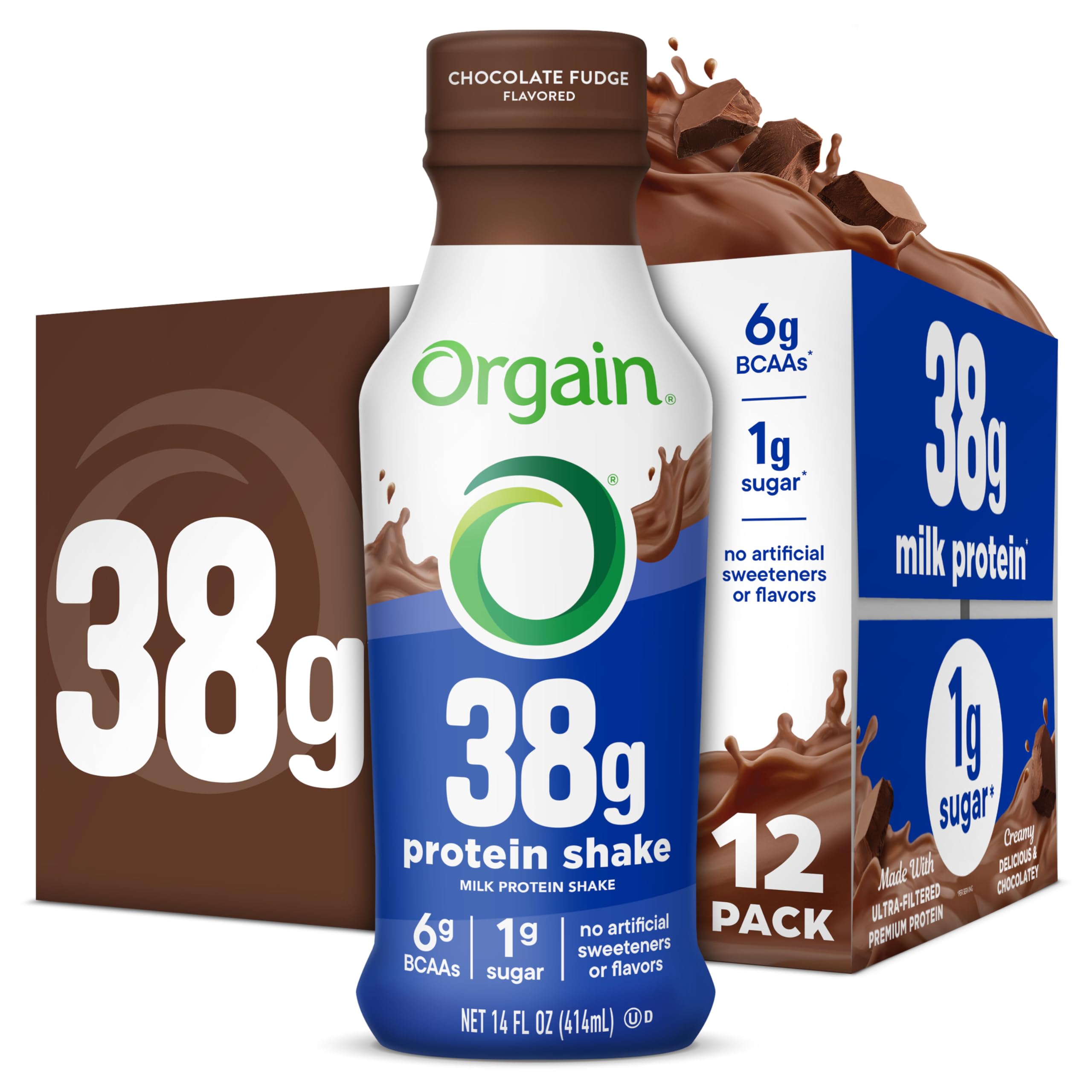 Orgain botella frente Chocolate Fudge mostrando envase y practicidad