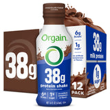 Orgain botella frente Chocolate Fudge mostrando envase y practicidad