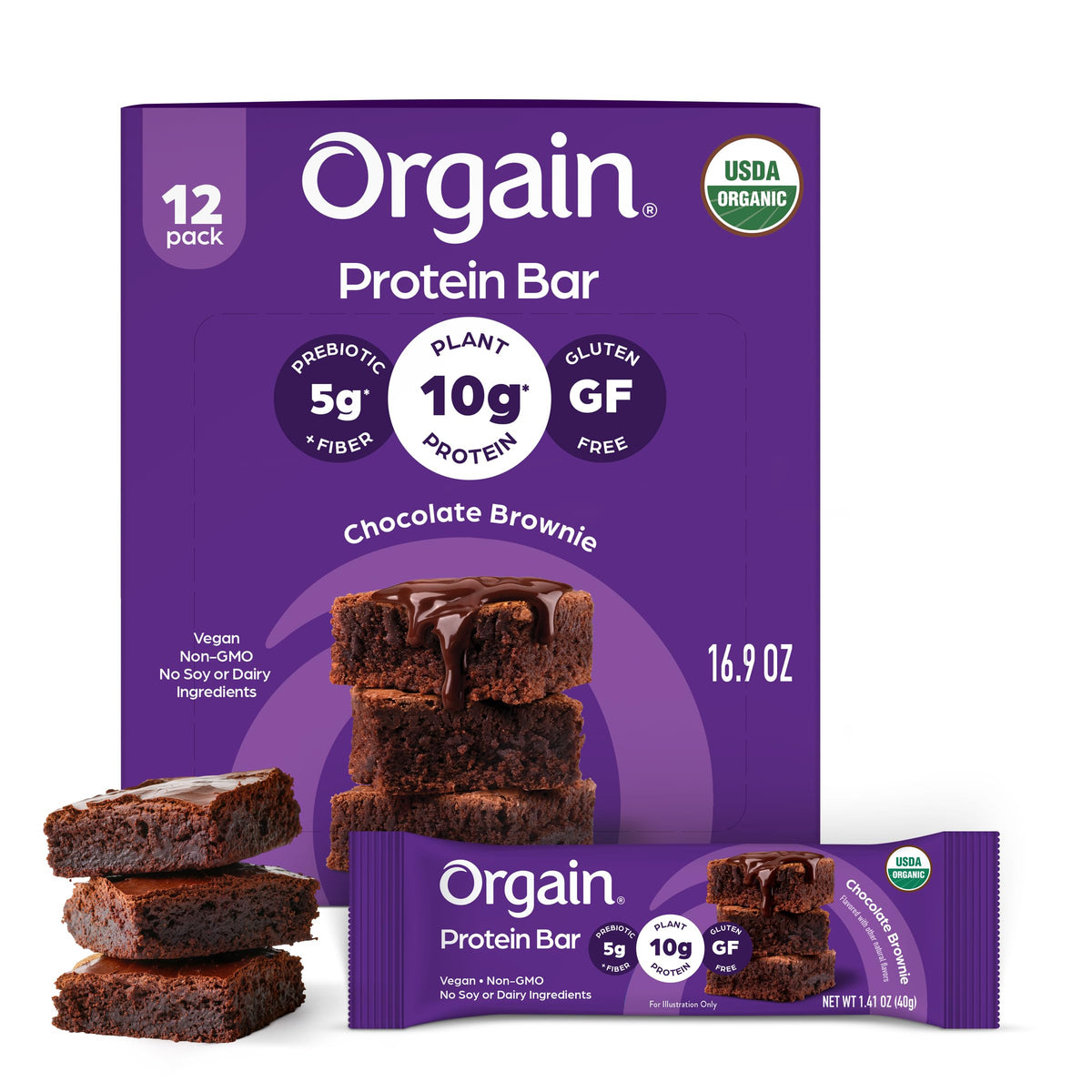 Orgain paquete frontal mostrando sabor chocolate brownie y conveniencia