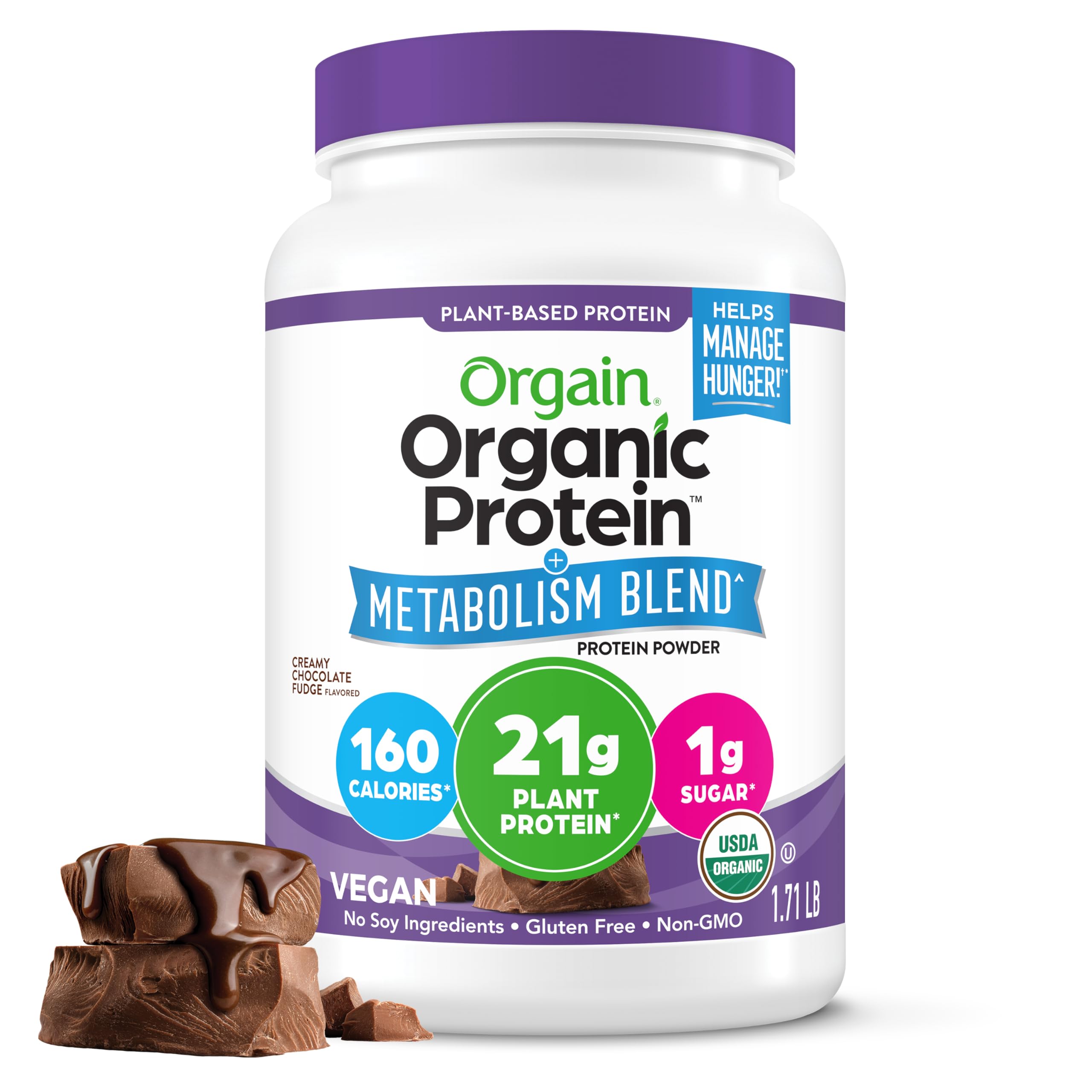 Orgain frente del envase mostrando sabor Chocolate Fudge y beneficios orgánicos