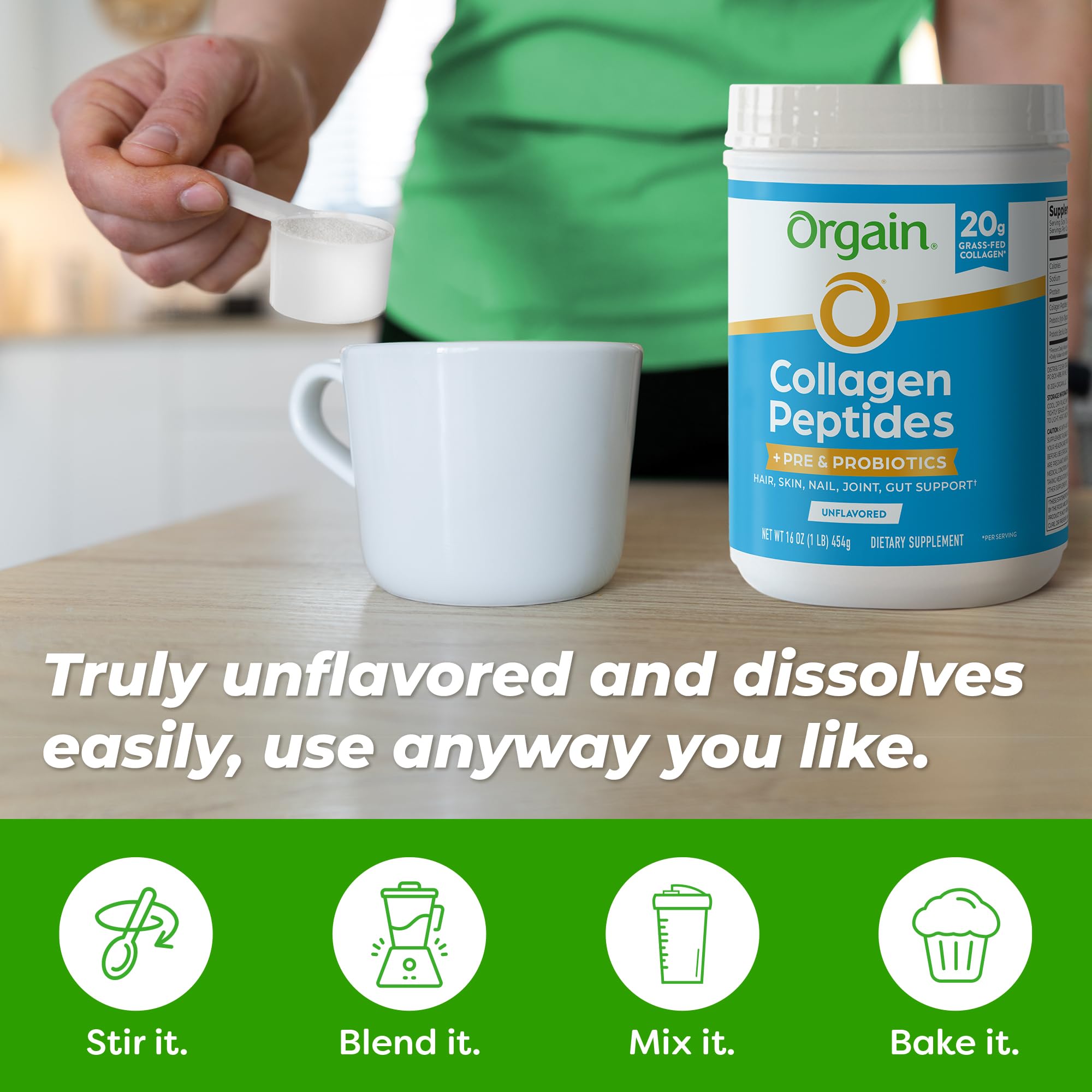 Orgain envase junto a blender en cocina mostrando integración en rutina