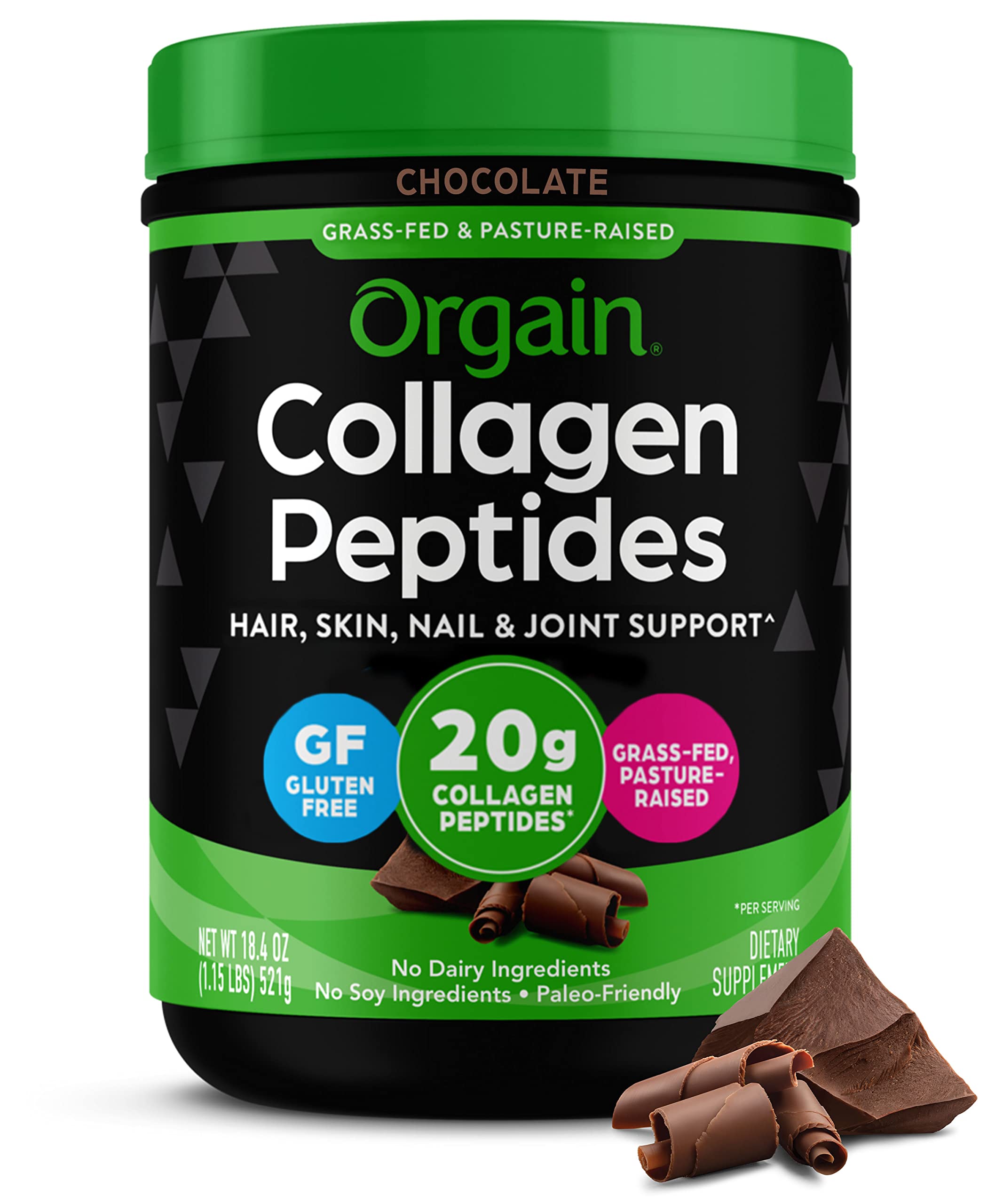 Orgain envase frontal chocolate mostrando el sello grass‑fed y beneficio claro