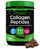 Orgain envase frontal chocolate mostrando el sello grass‑fed y beneficio claro