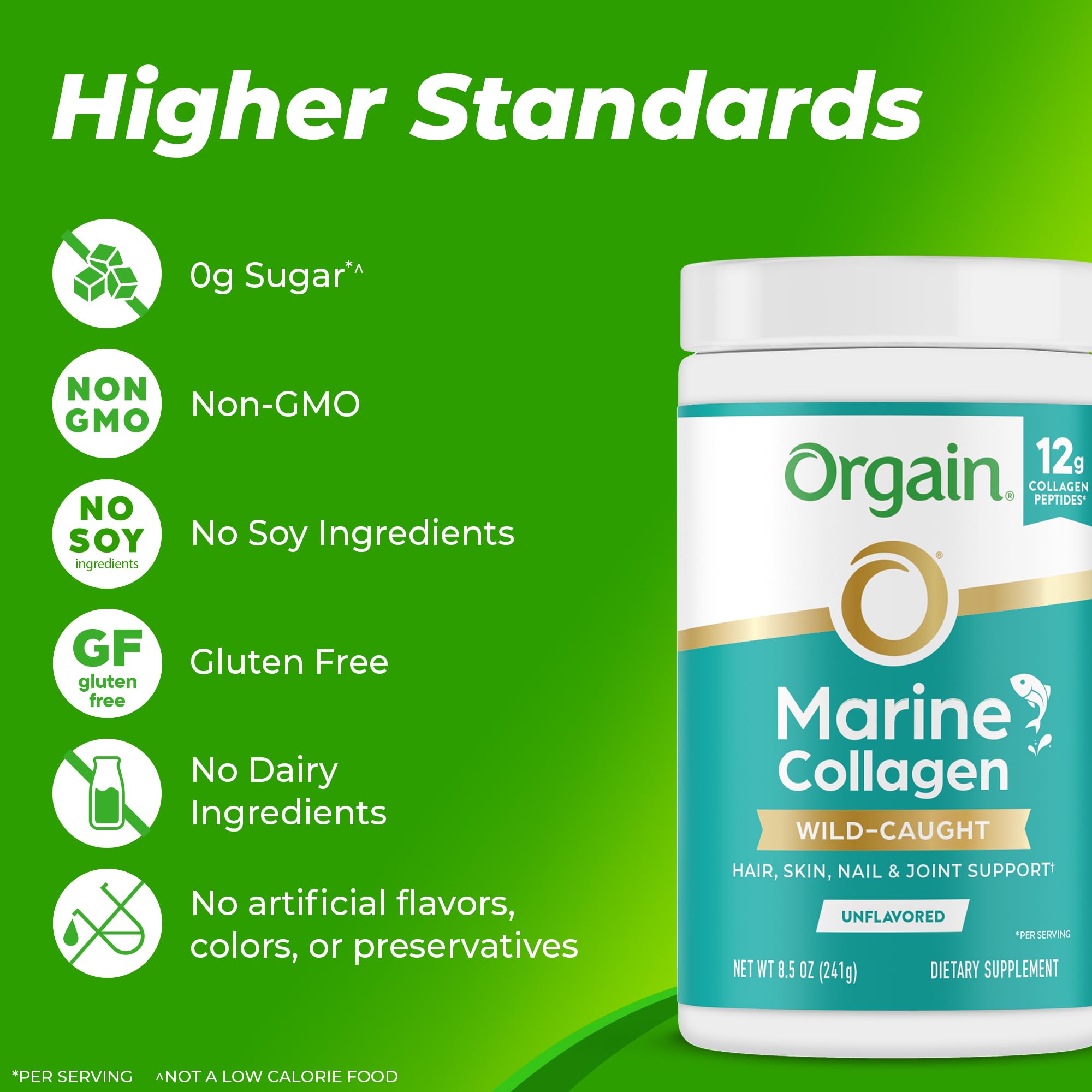 Orgain colágeno frasco junto a una regla para comparar tamaño
