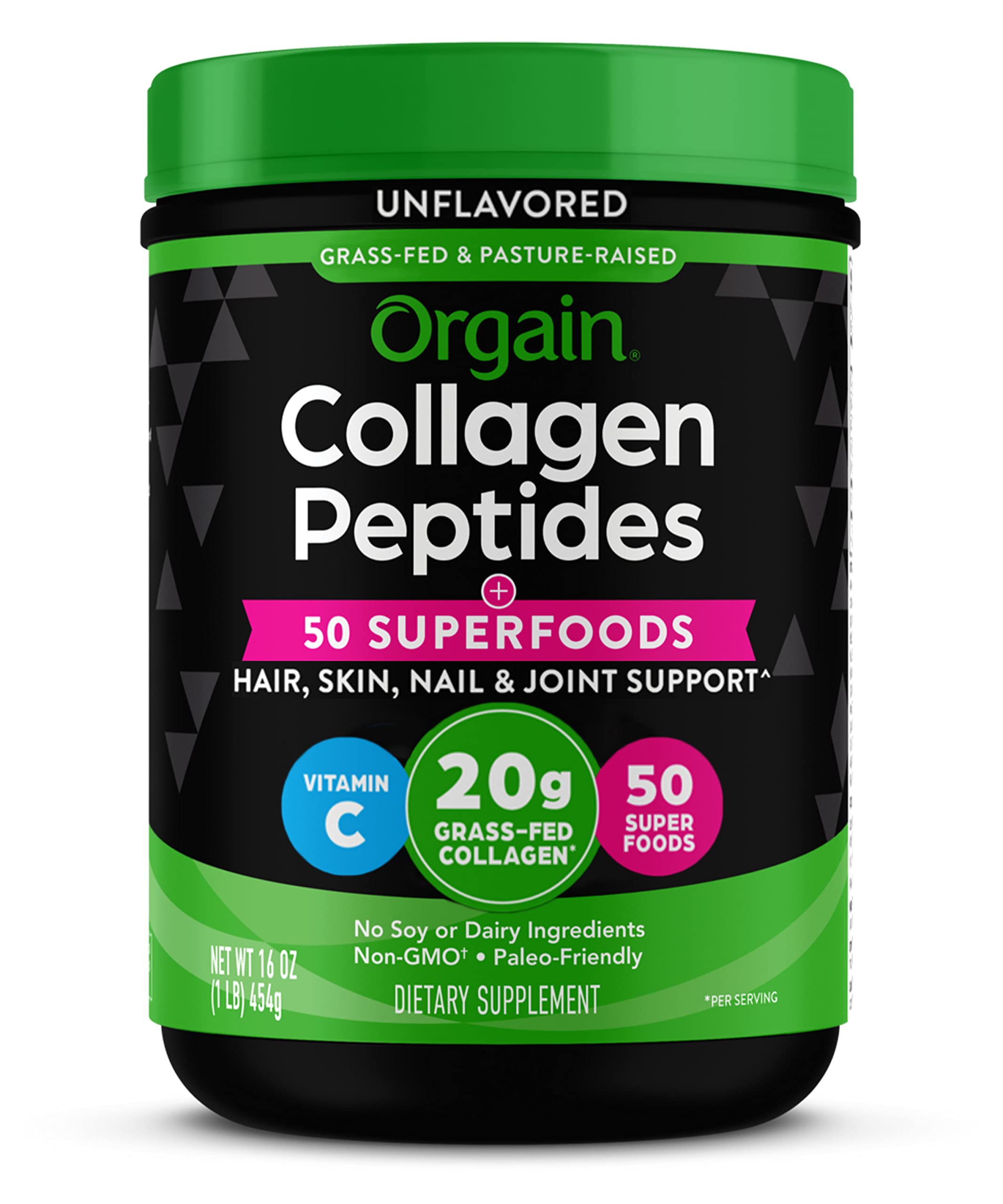 Envase Orgain Collagen + 50 Superfoods mostrando diseño frontal y beneficios visibles