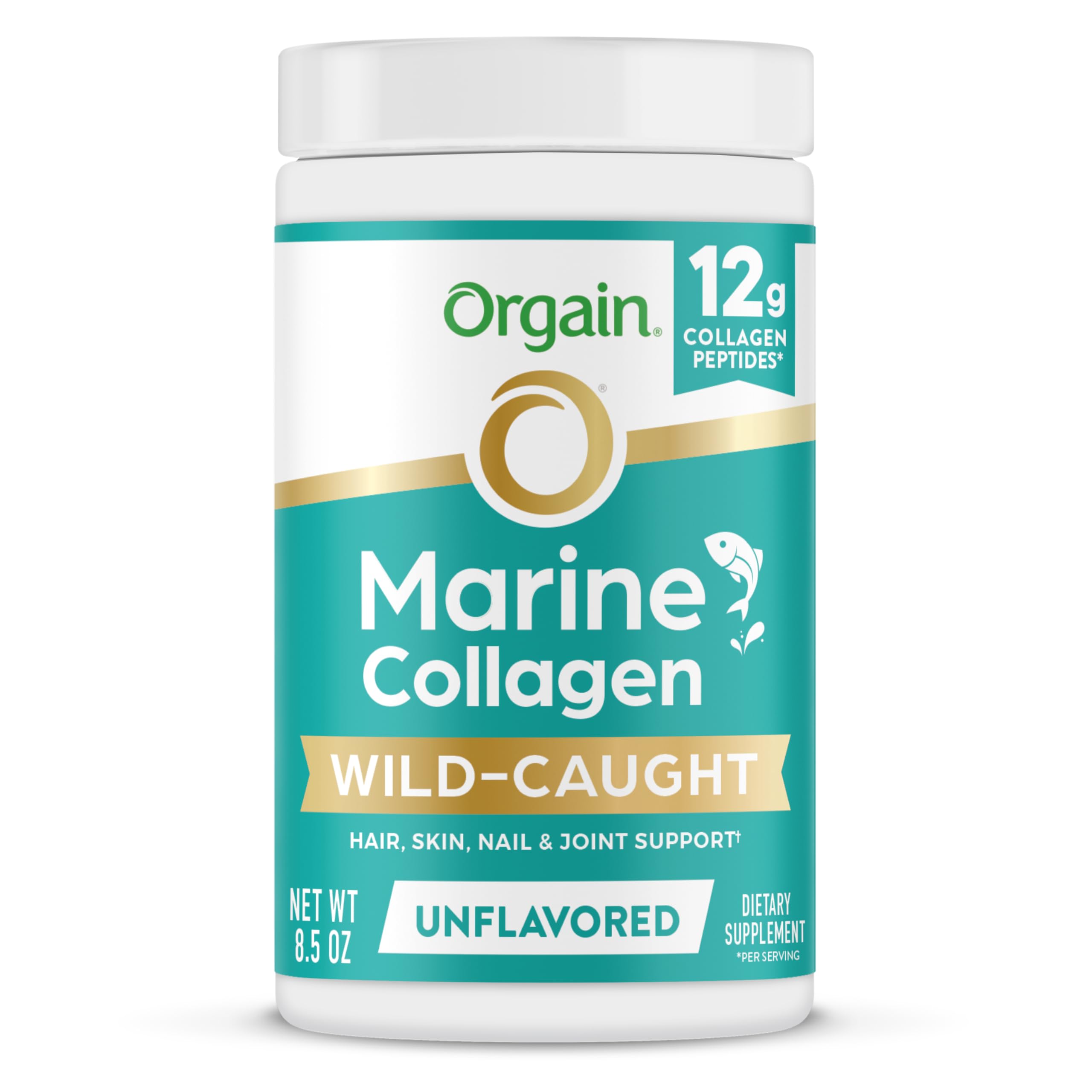 Orgain colágeno marino frasco frontal mostrando diseño y tamaño