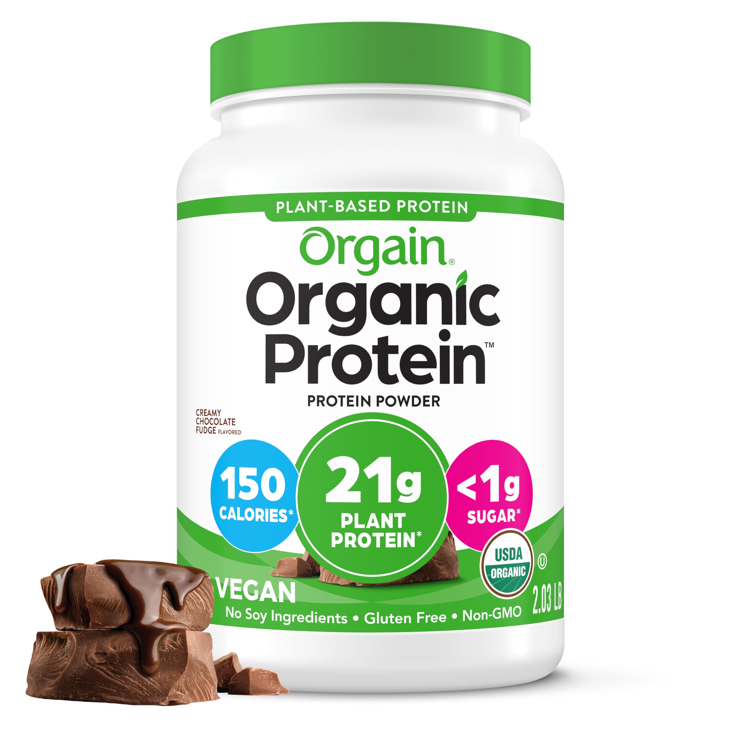 Orgain envase frontal muestra el producto y beneficios nutritivos
