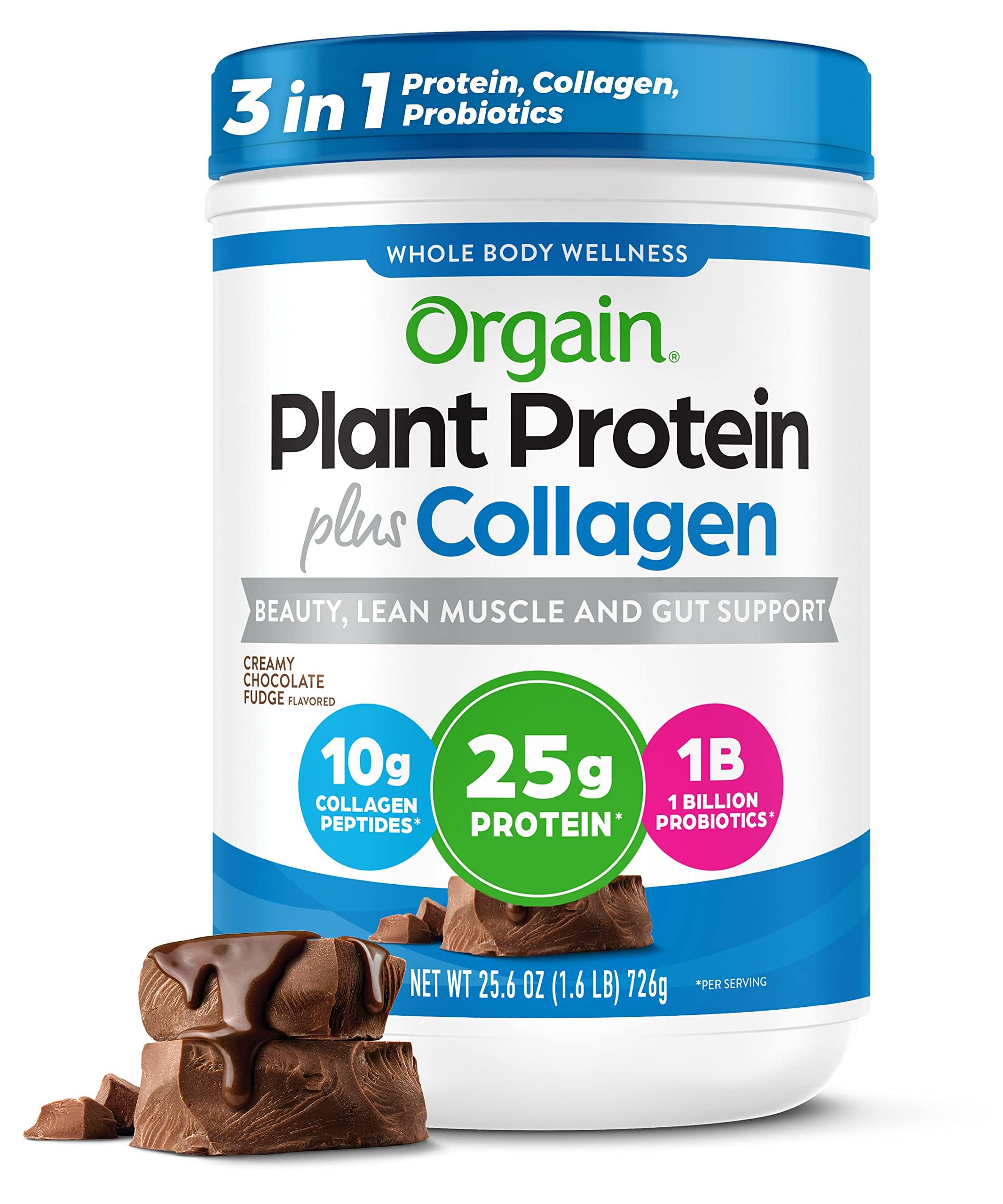 Orgain frasco frontal del producto mostrando etiqueta y sabor chocolate