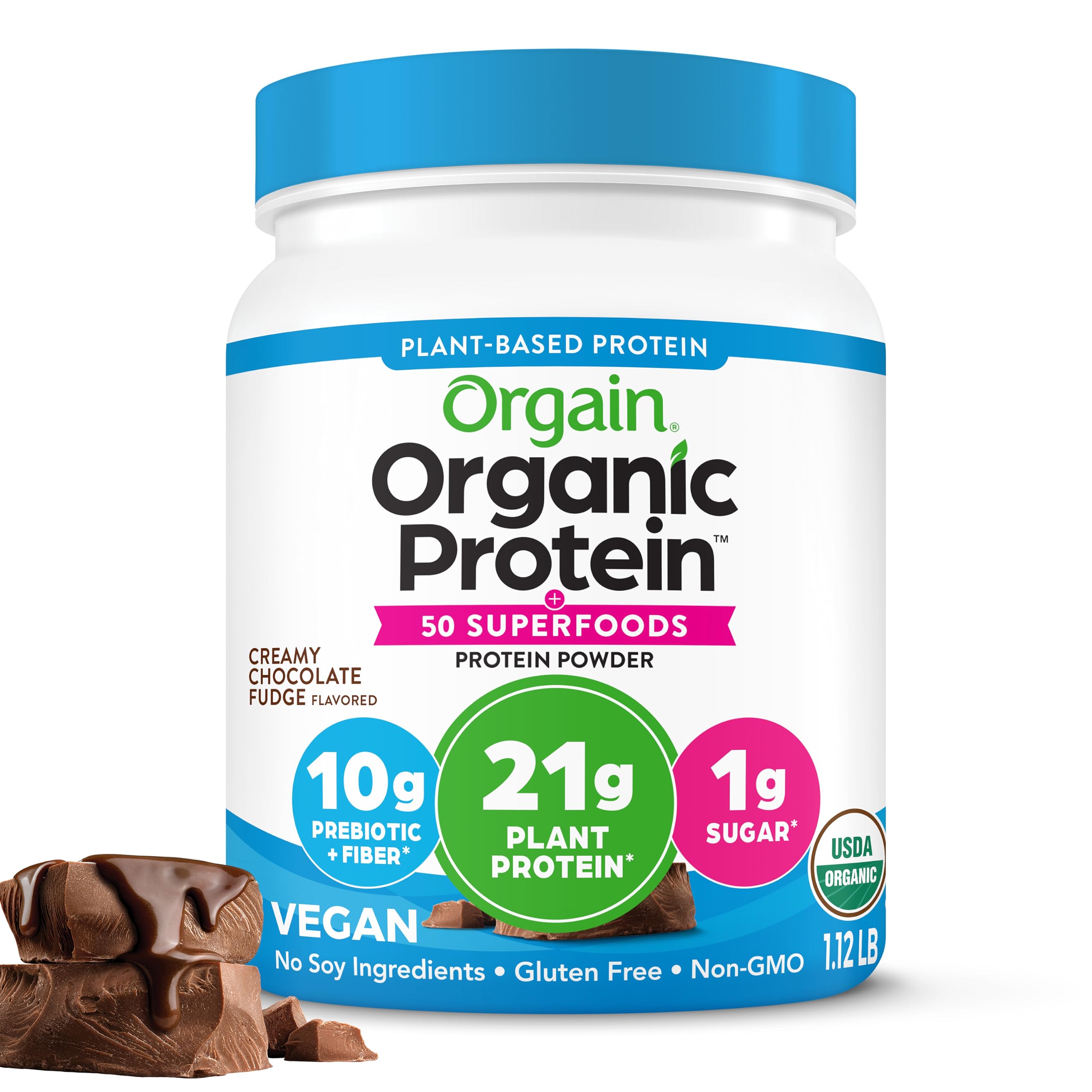 Orgain crema chocolate fudge en envase frontal mostrando diseño y certificaciones, contraste visual del producto
