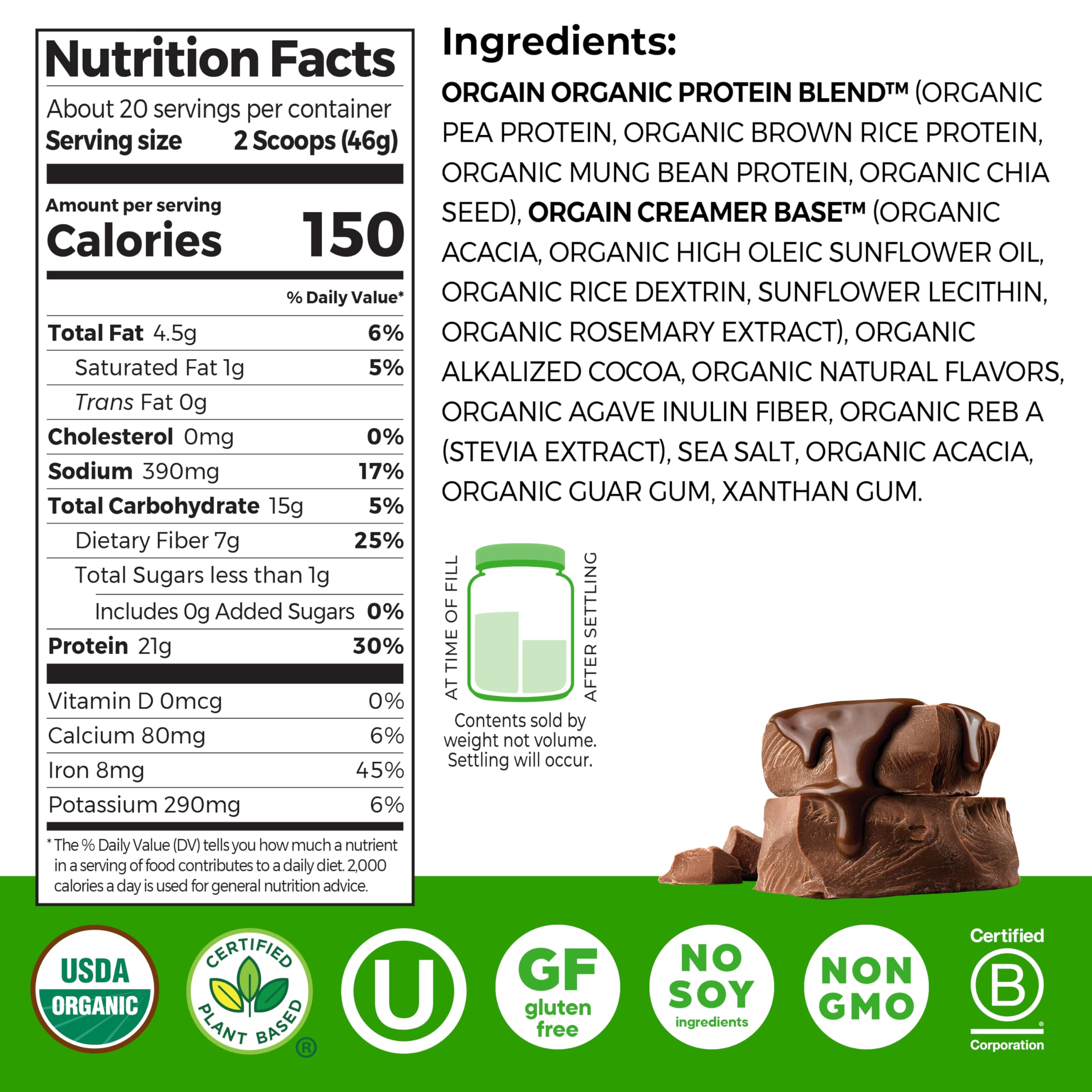 Orgain polvo chocolate textura cercana que facilita mezclado cremoso