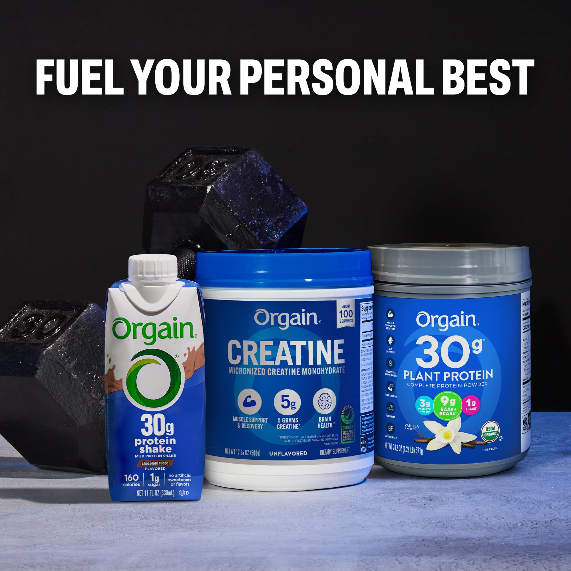 Orgain creatine etiqueta nutricional detallando ingredientes y porciones