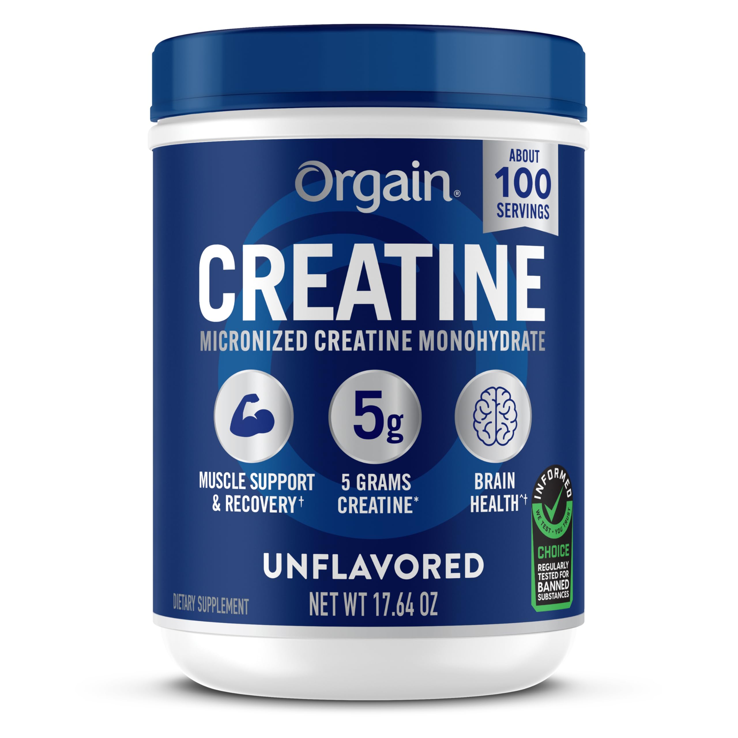 Orgain creatine monohydrate frente del envase mostrando la marca y pureza