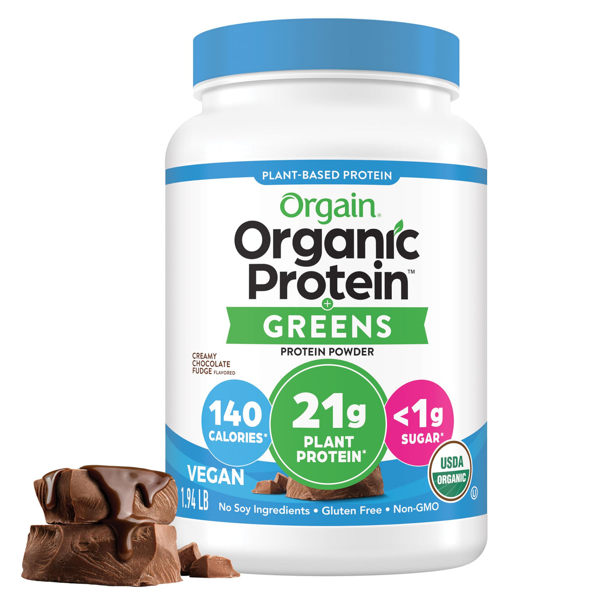 Orgain envase frontal mostrando sabor crema chocolate fudge y beneficios nutricionales