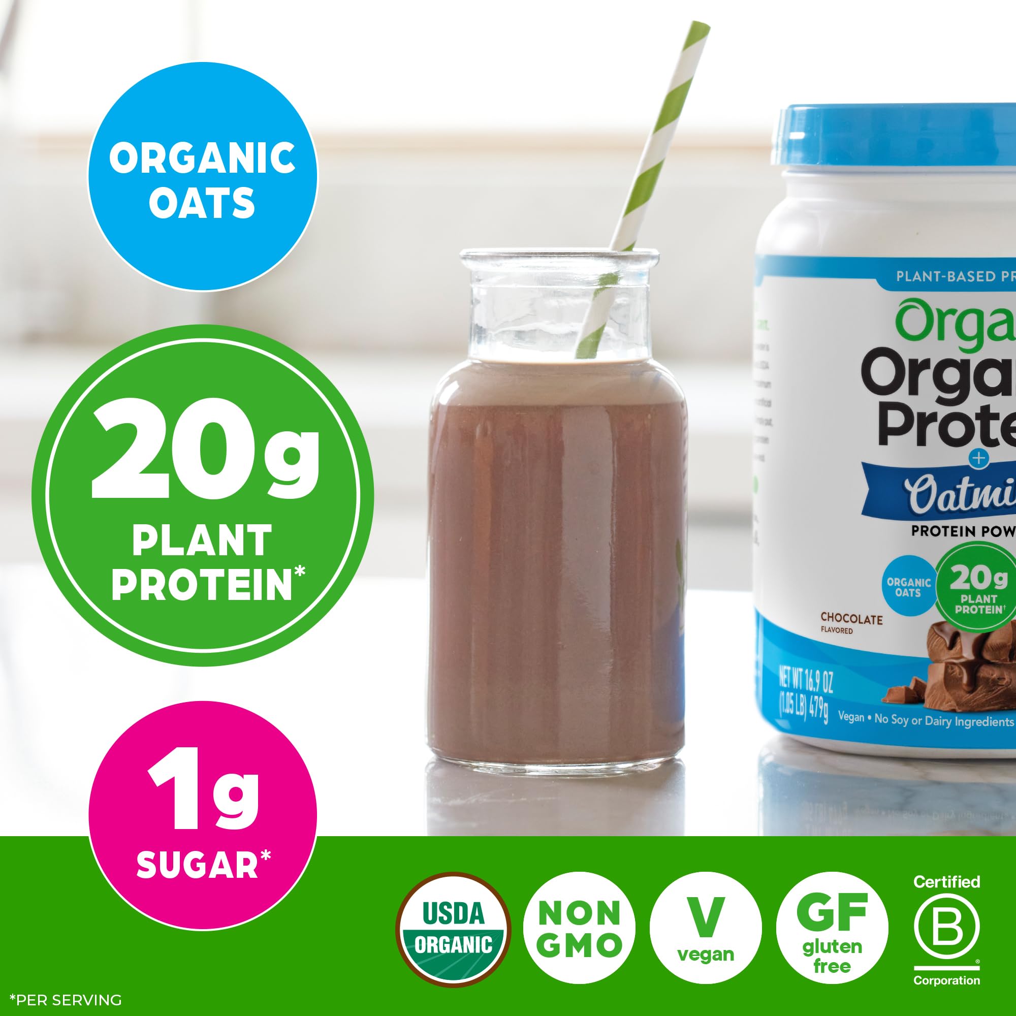 Orgain cuchara con porción de polvo para medir tamaño y aporte protéico