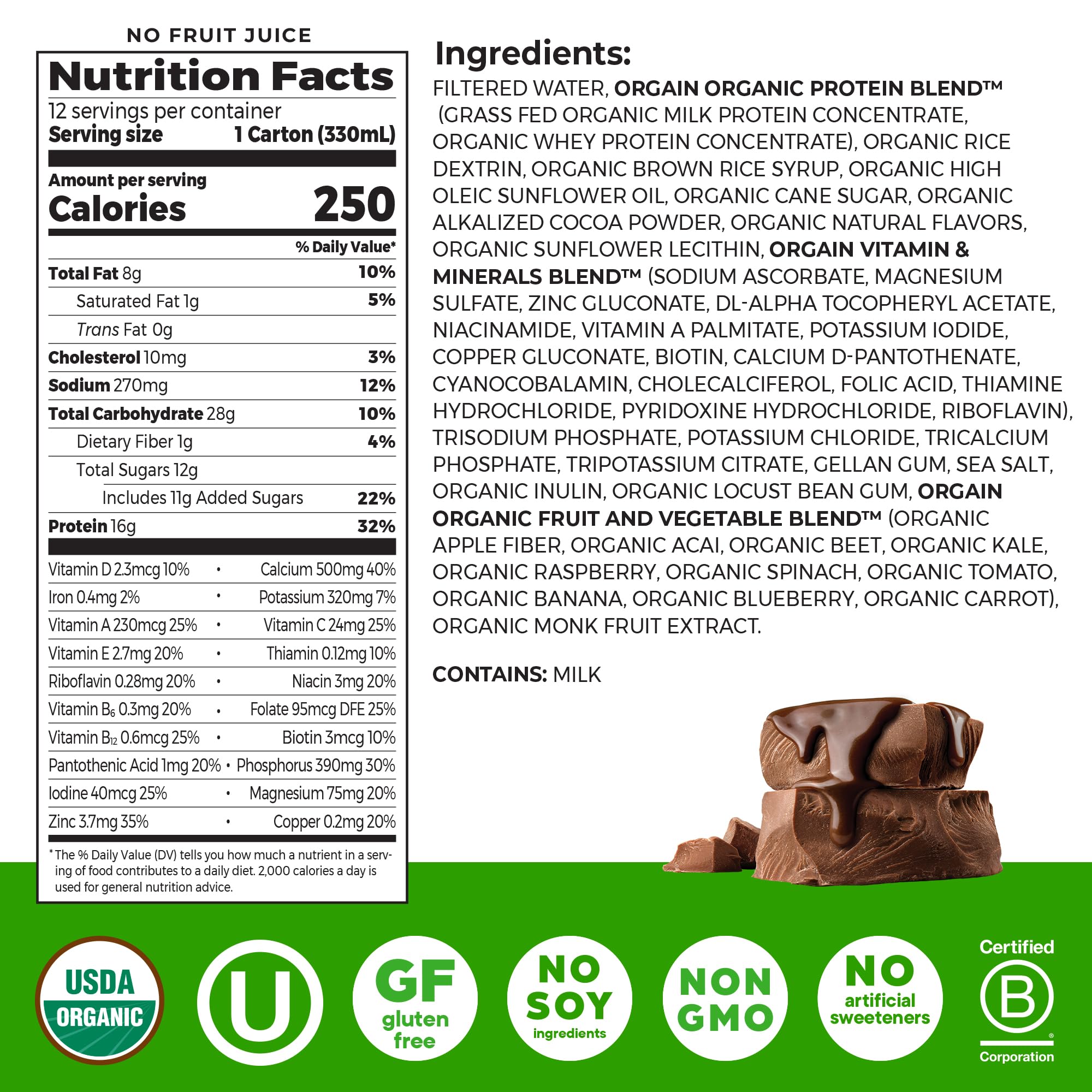 Orgain detalle de etiqueta con lista de ingredientes y beneficios nutricionales