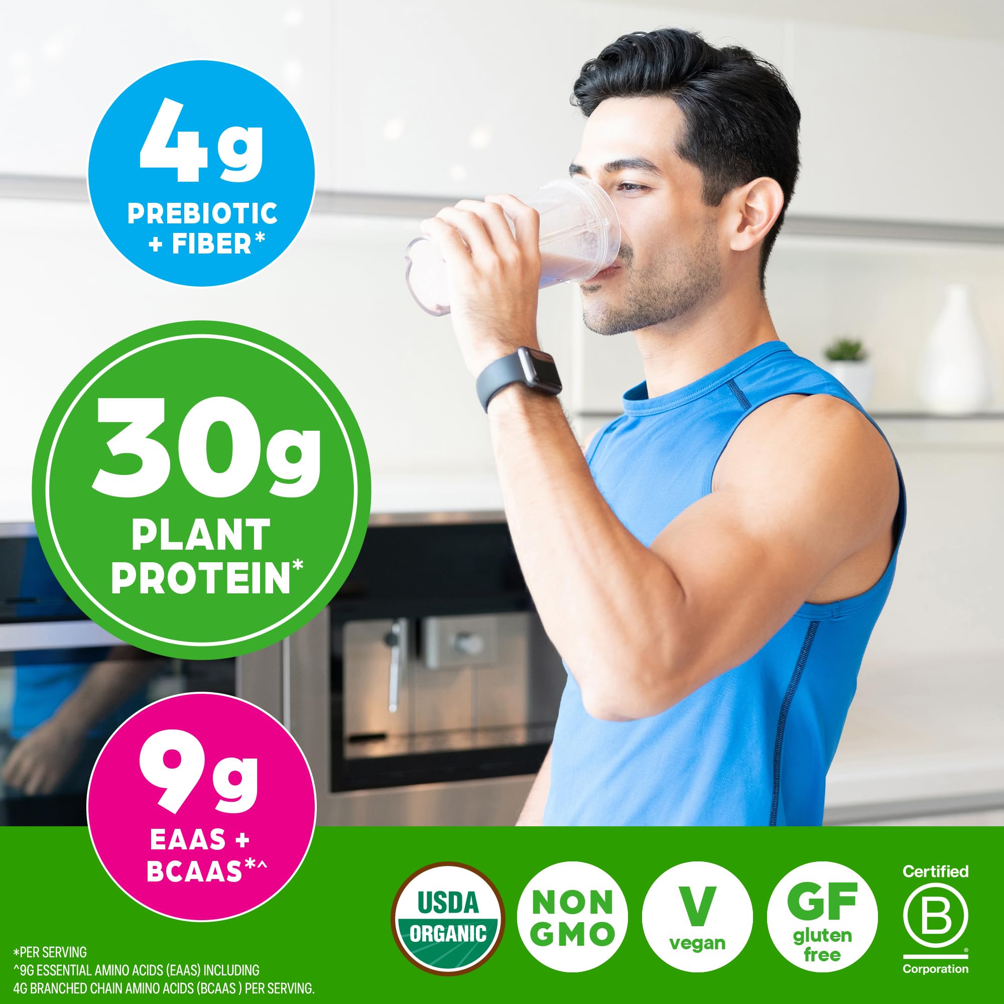 Orgain detalle de la etiqueta con ingredientes y certificaciones