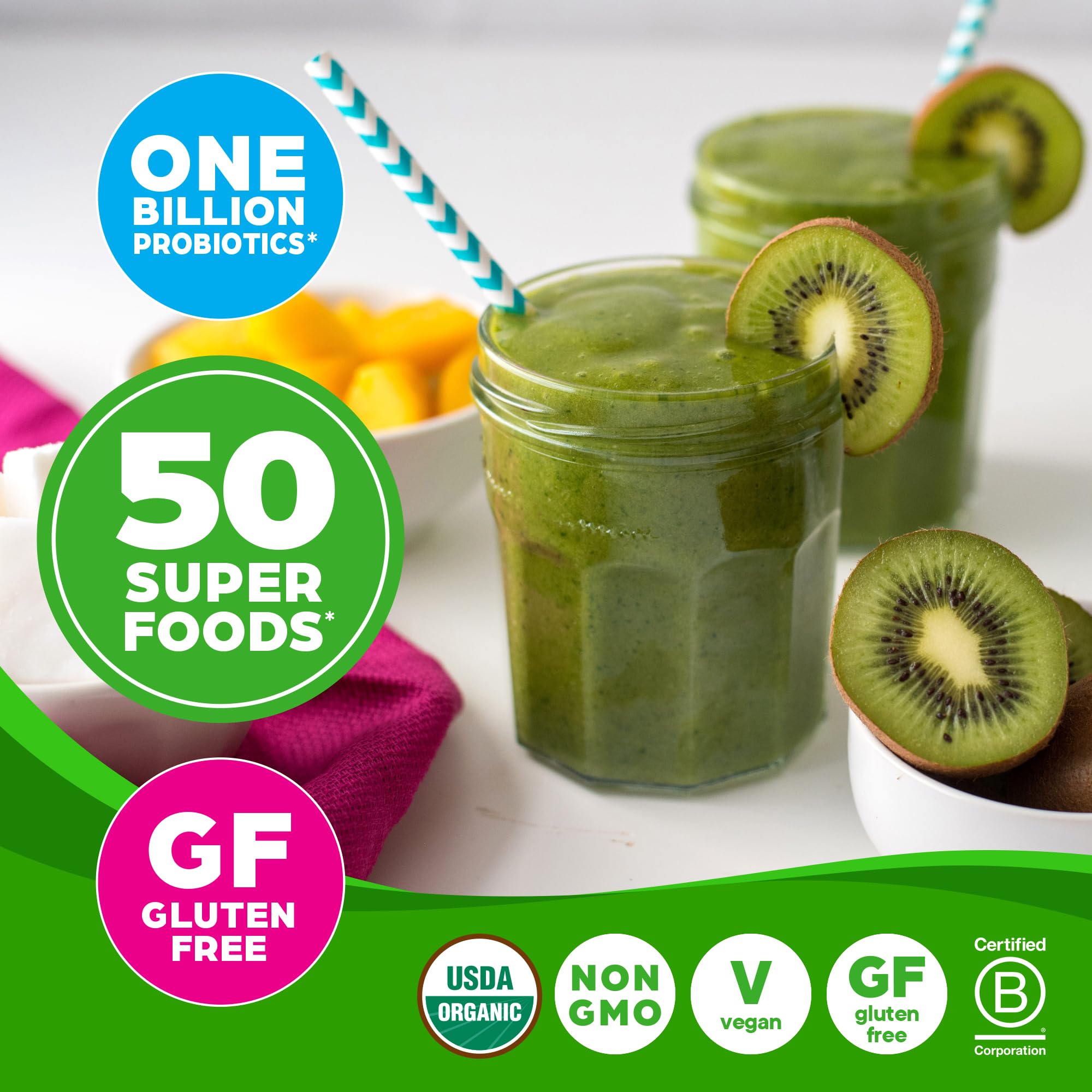 Orgain mezclado en batido verde, aporte rápido de nutrientes