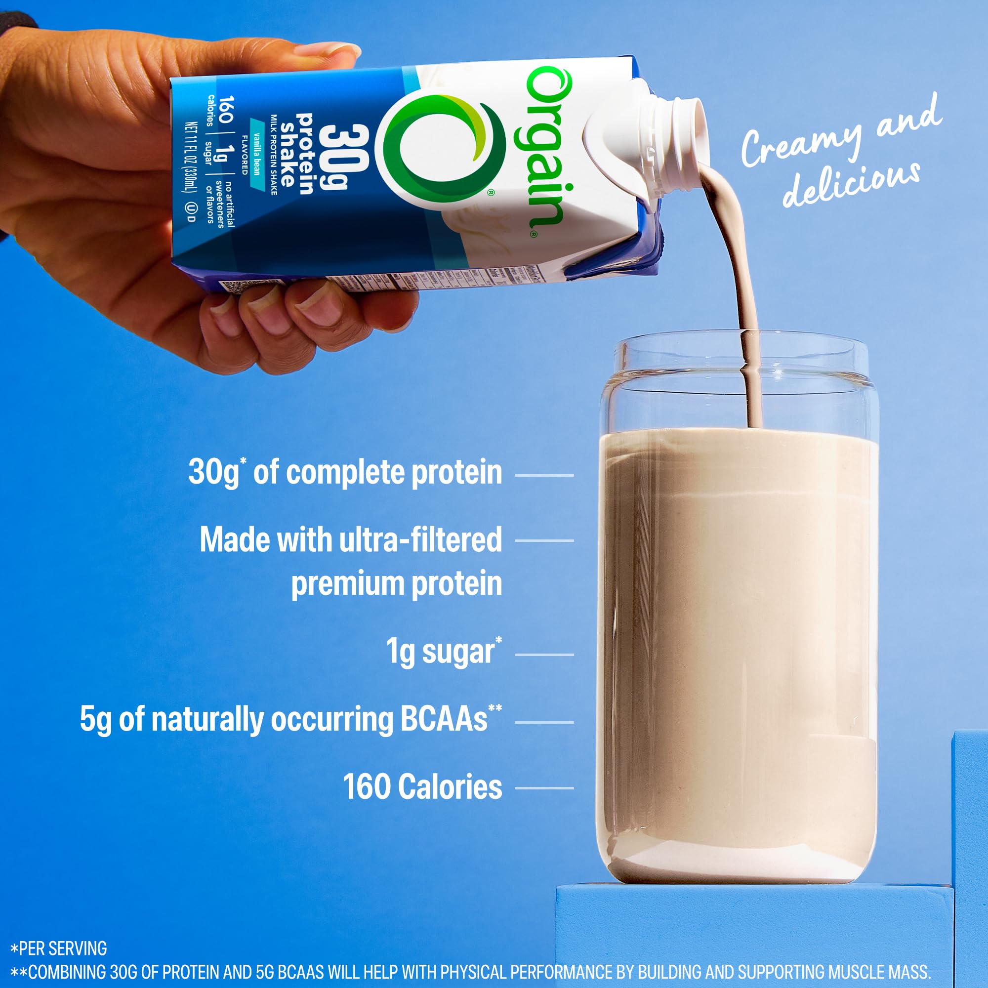 Orgain envase en mano ilustra tamaño práctico para llevar