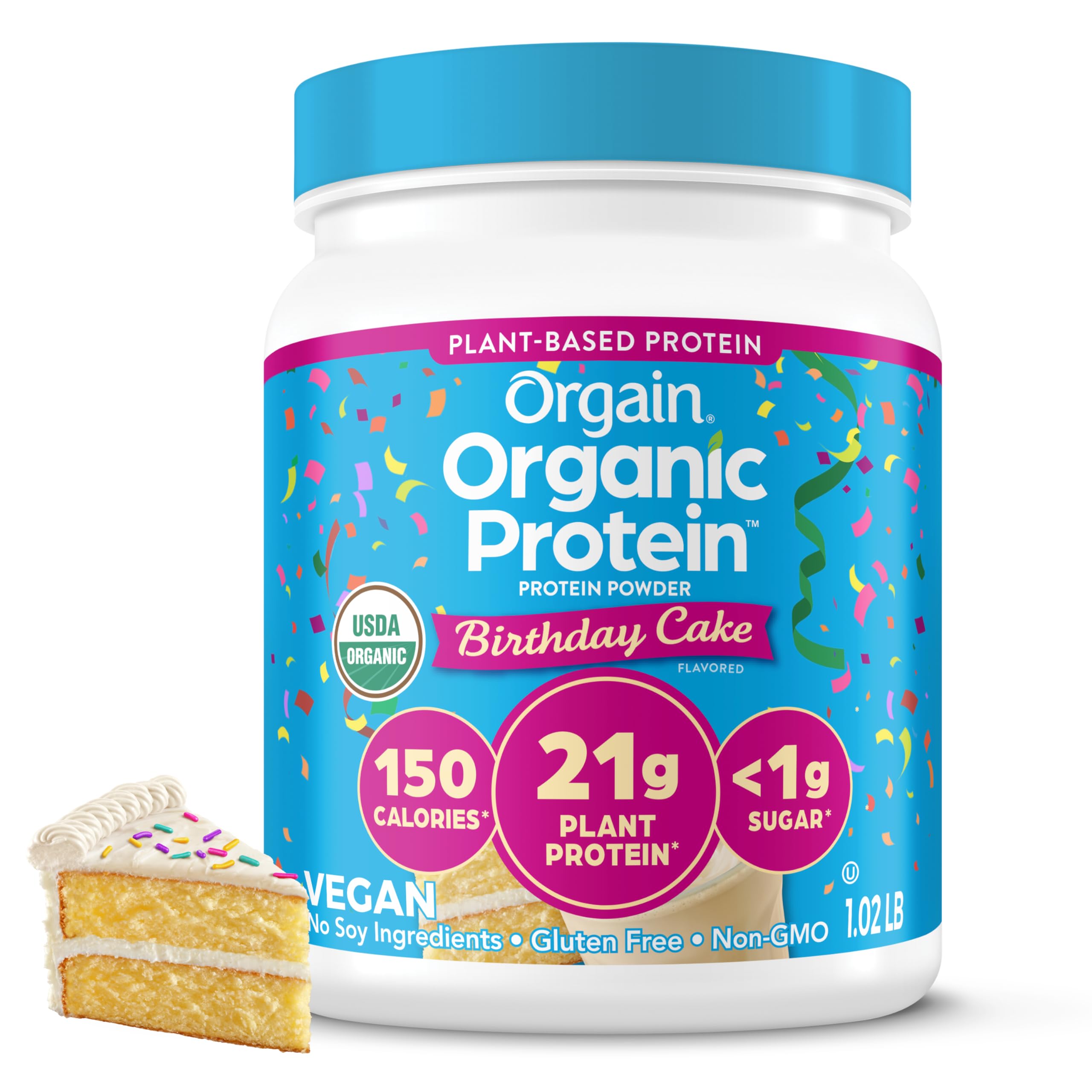 Orgain envase frontal Birthday Cake mostrando información nutricional y atractivo visual