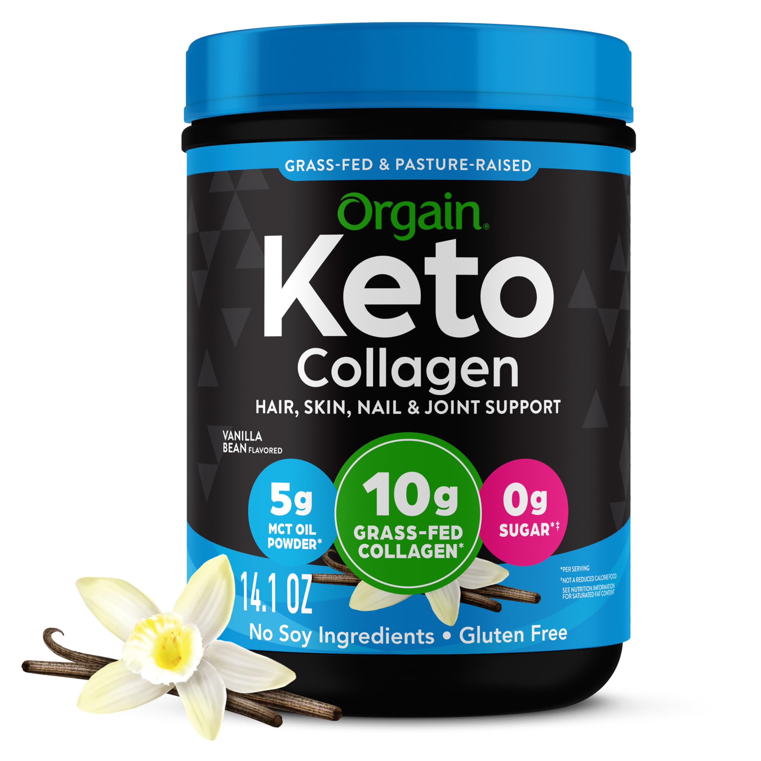 Orgain envase frontal Keto Collagen vainilla mostrando el diseño del producto y beneficio práctico