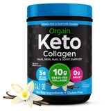 Orgain envase frontal Keto Collagen vainilla mostrando el diseño del producto y beneficio práctico