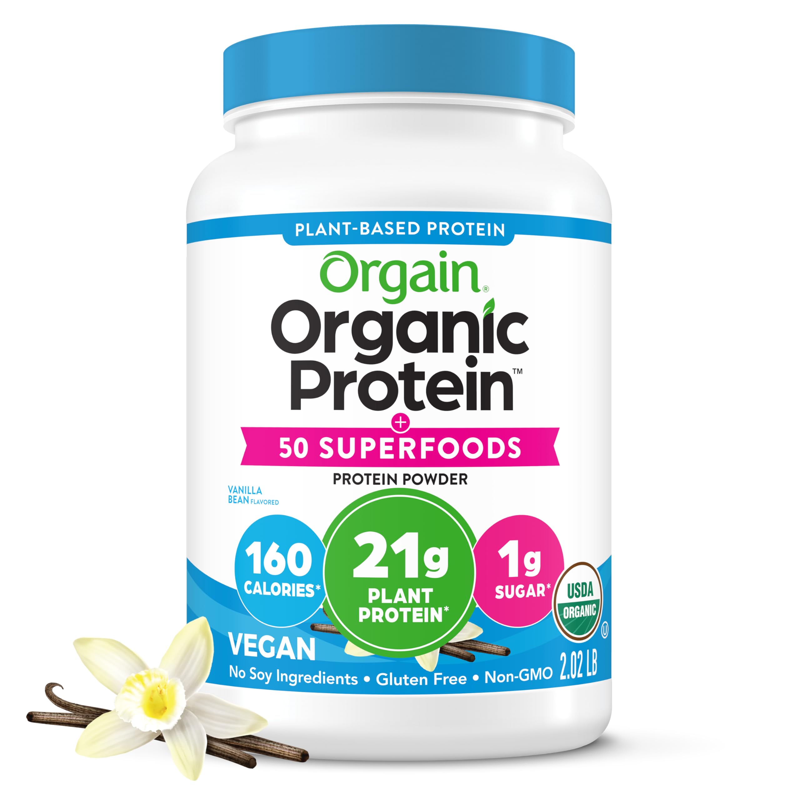 Orgain envase frontal Vainilla muestra orgánico y limpio