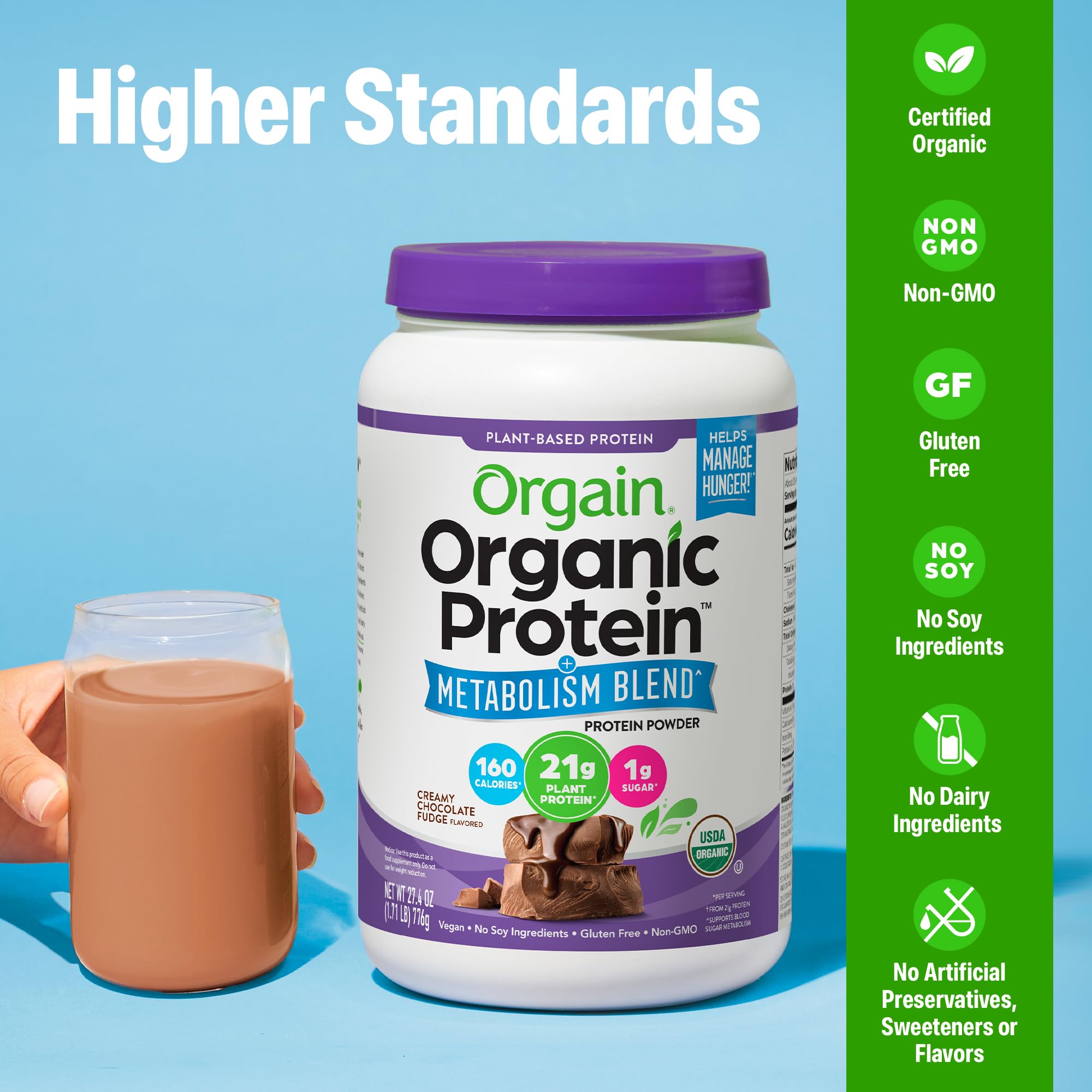 Orgain etiqueta de ingredientes orgánicos destacando fibra y proteína