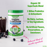 Orgain etiqueta con lista de 50 superfoods y probióticos