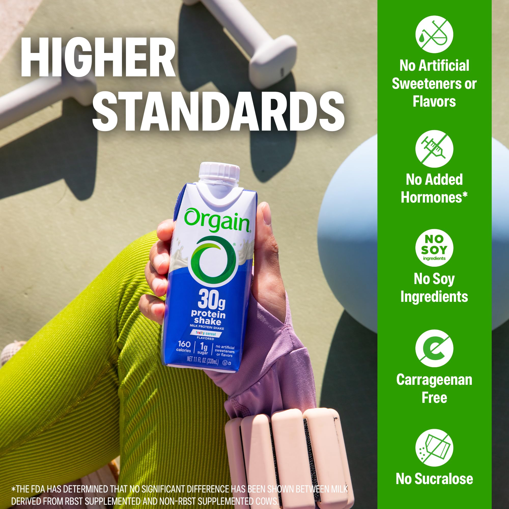 Orgain etiqueta nutricional con 30 g proteína, bajo azúcar y 5 g BCAA