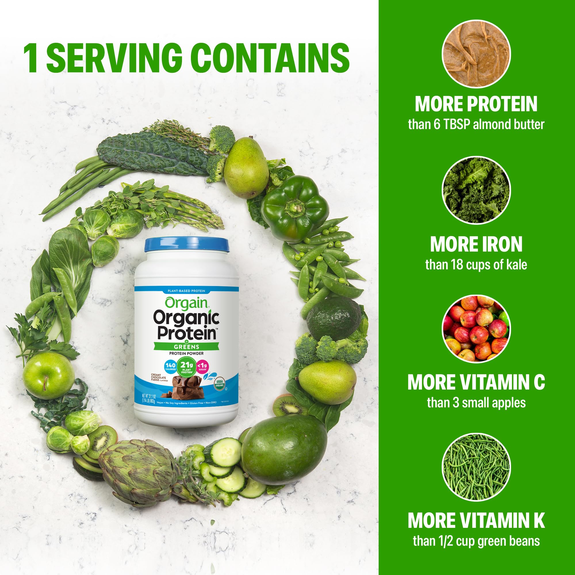 Orgain etiqueta nutricional mostrando 21 g de proteína y prebióticos por porción