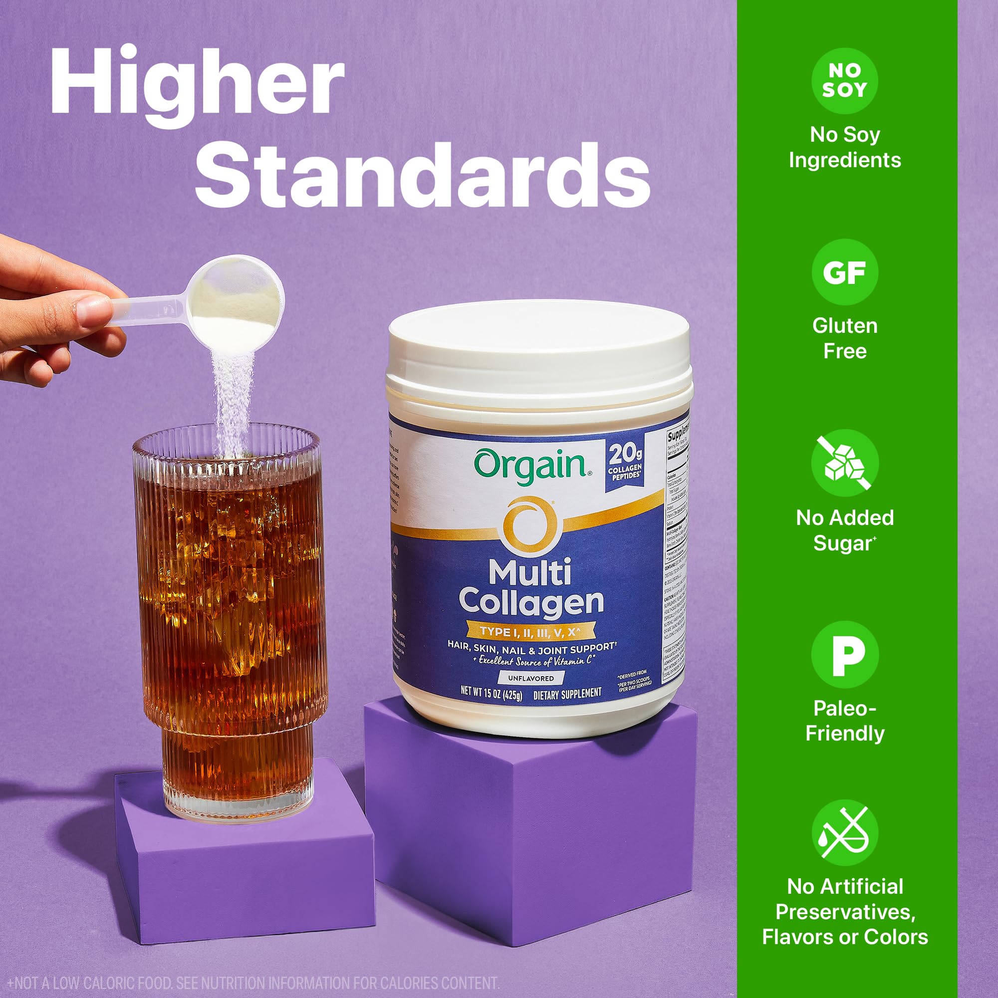 Orgain etiqueta nutricional y ingredientes resaltando tipos de colágeno y vitamina C
