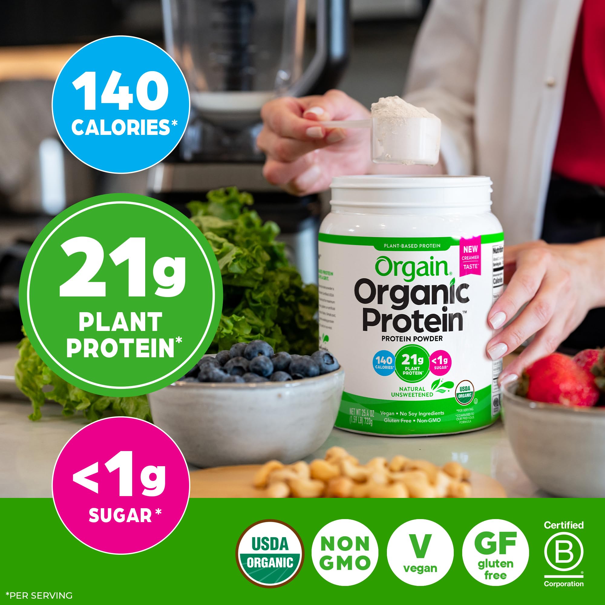 Orgain etiqueta nutricional enfocada en 21 g proteína y 4 g prebiótico por porción